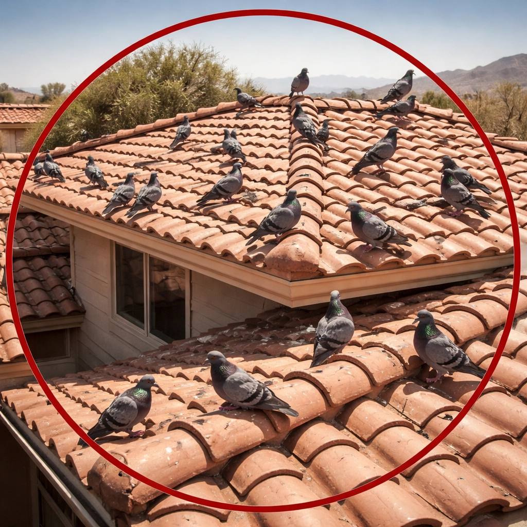 Pigeons roosting on Arizona tile roof highlight challenges for humane pigeon control and exclusion.