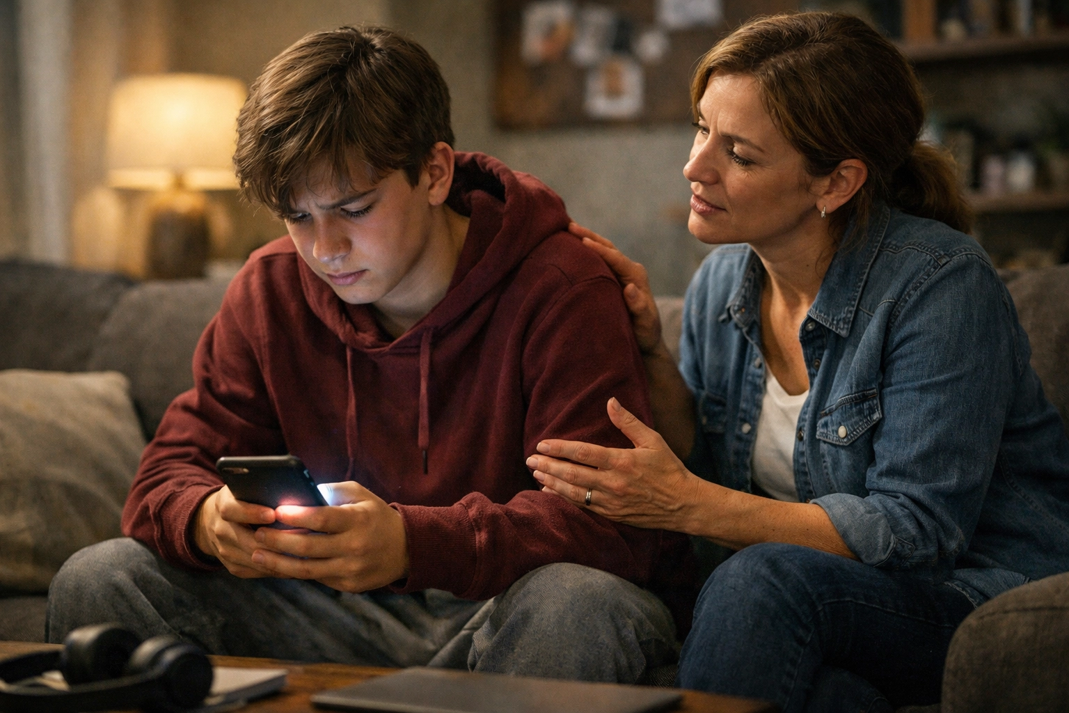 Teen on a couch with a worried look while a parent sits nearby offering calm support