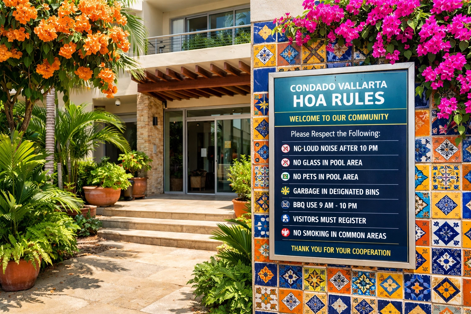 Puerto Vallarta condo building entrance with HOA rental rules and regulations posted