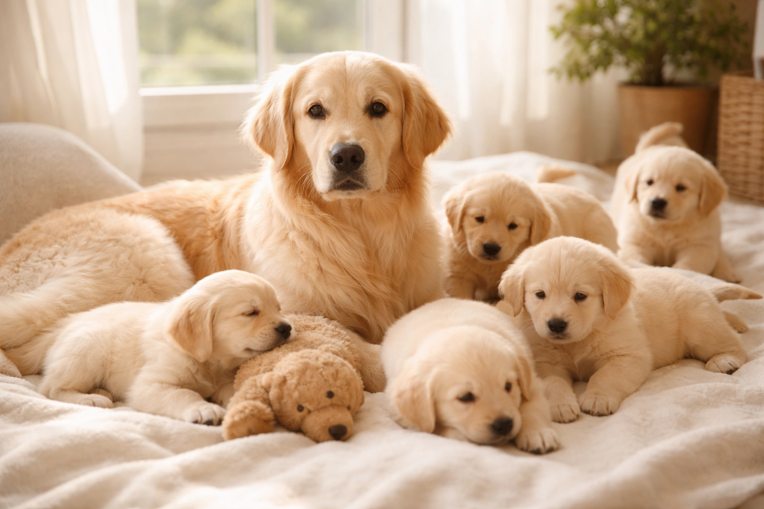 Adult Golden Retriever resting calmly with playful puppies, highlighting family-friendly temperament