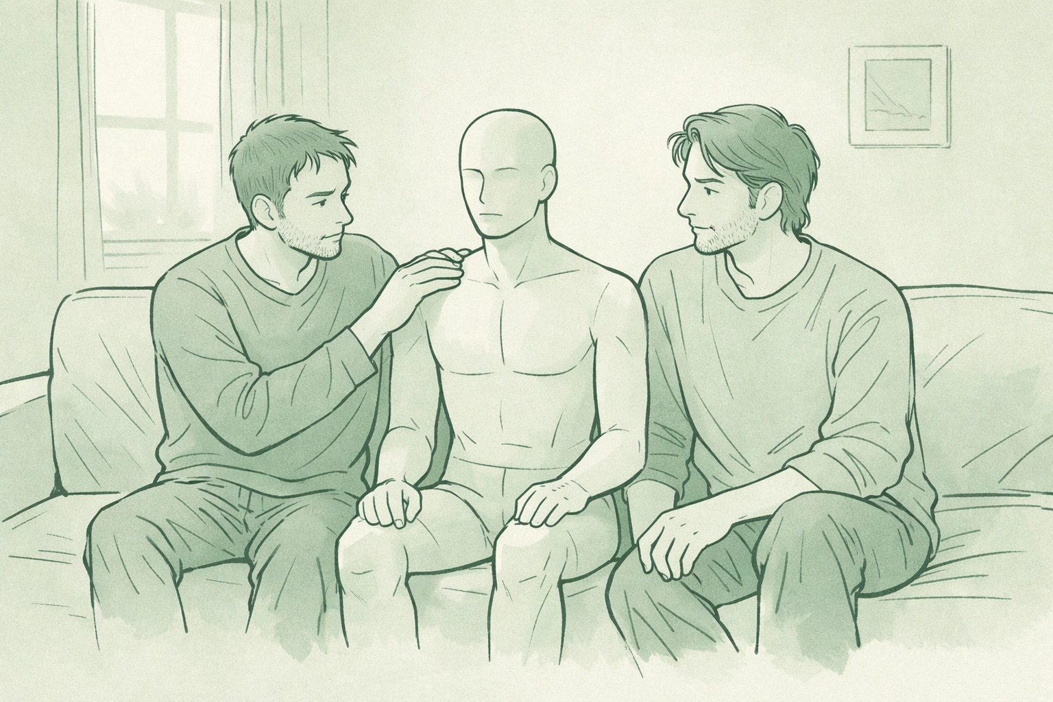 Gay men with synthetic companion exploring non-judgmental intimacy and acceptance