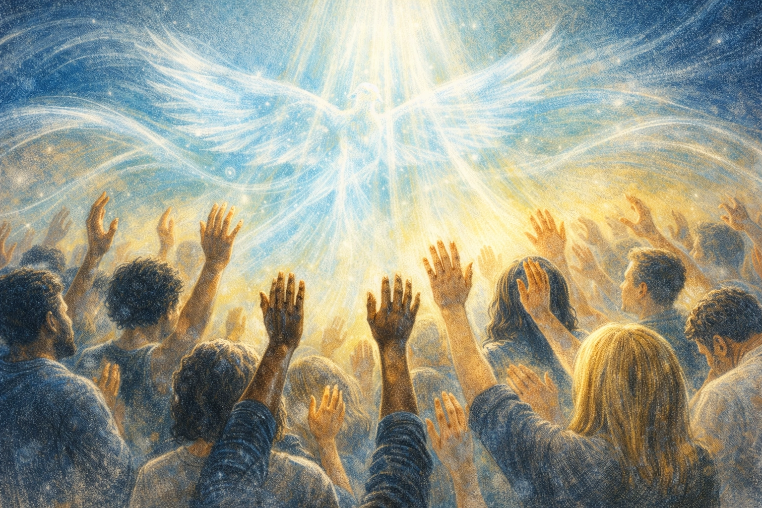 Diverse hands raised in worship during Holy Spirit baptism at Pentecostal church