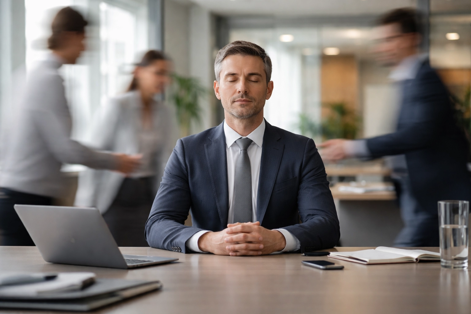 Executive practicing resilience and composure at a busy conference table, exemplifying stress management for leaders