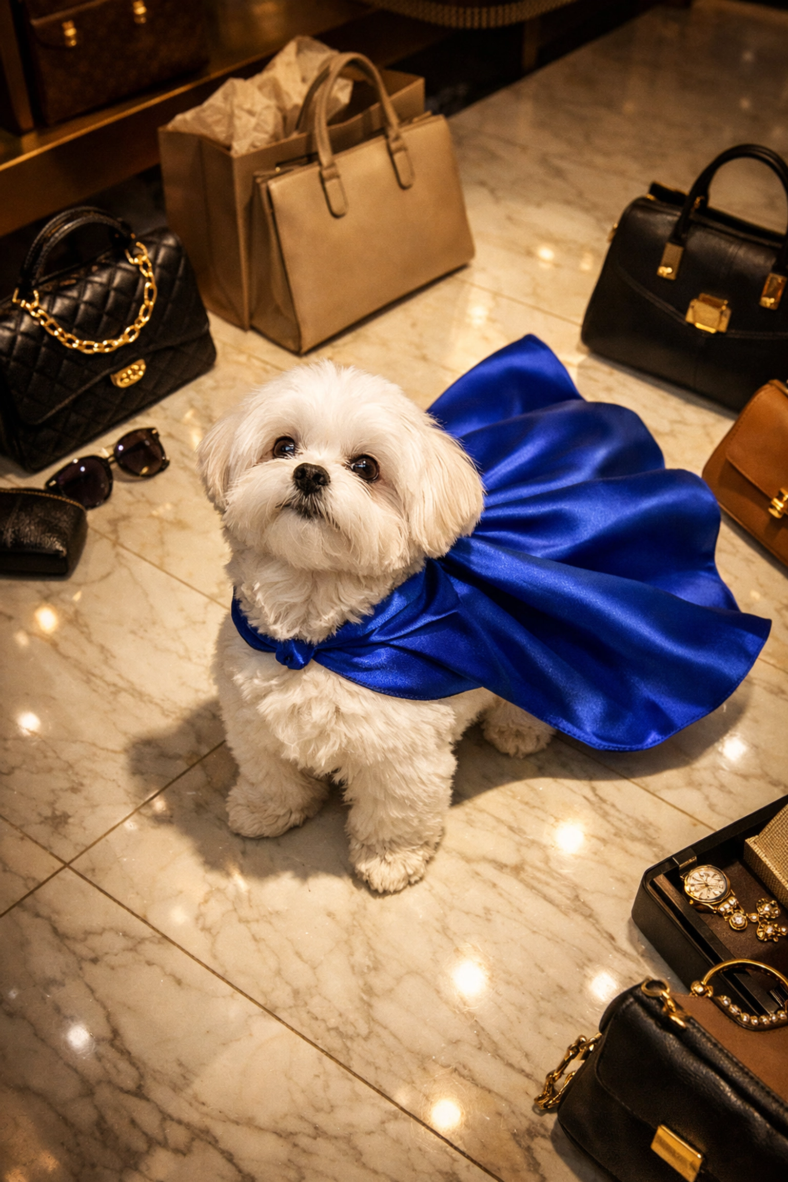 Daisy the Maltese mascot in a blue cape protecting luxury designer handbags from counterfeits.