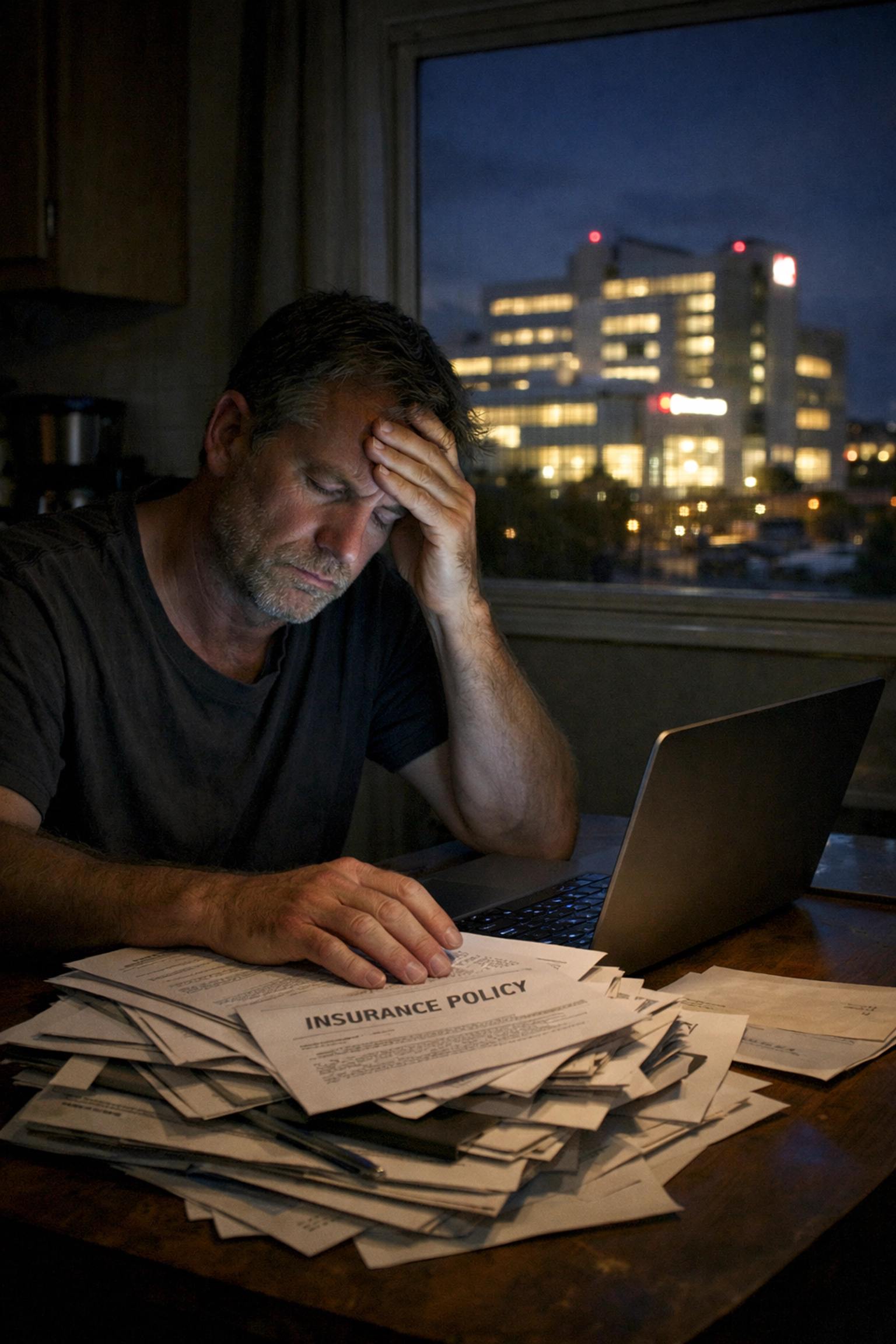 A stressed man reviewing medical bills and insurance paperwork, highlighting barriers to affordable healthcare access.