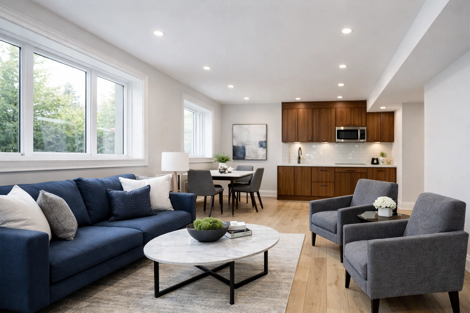 Modern basement apartment interior in Vaughan with high ceilings and high rental potential.