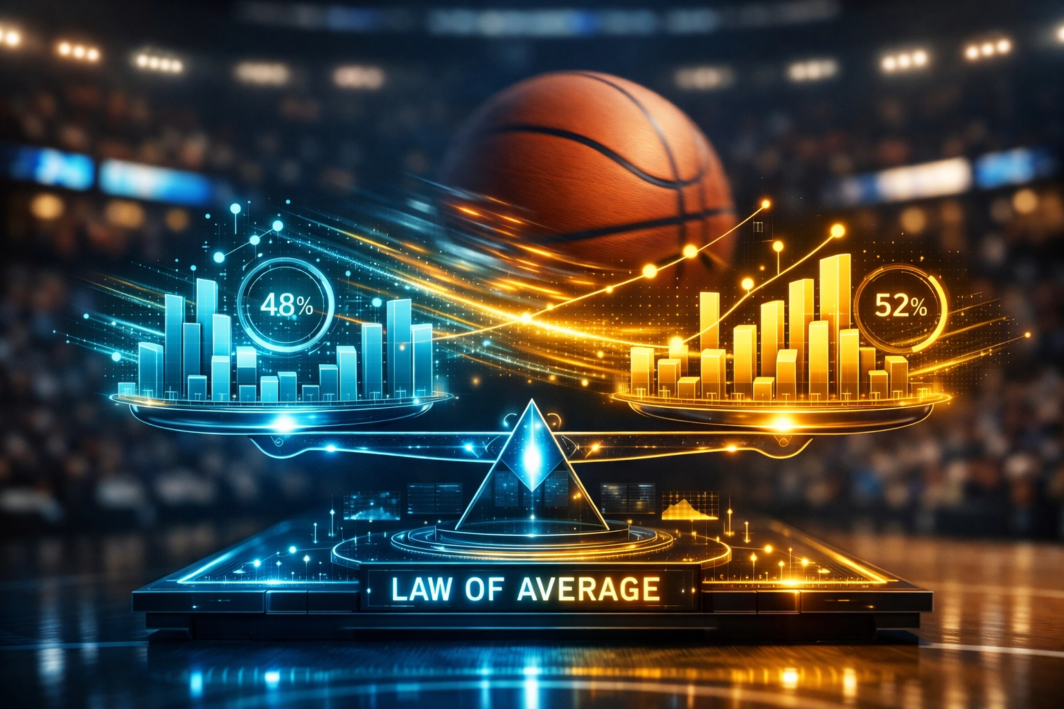 Digital analytics dashboard visualizing the Law of Average and NBA performance metrics for sports betting strategy.