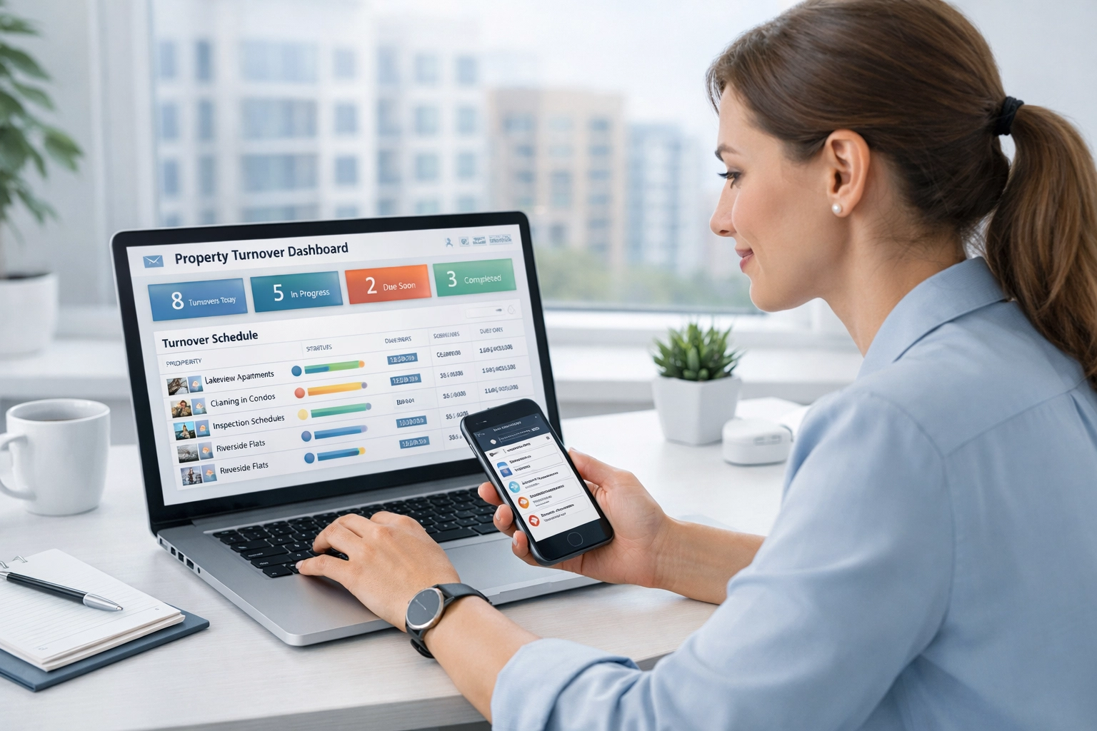 Property management coordinator tracking multiple apartment turnovers on digital dashboard