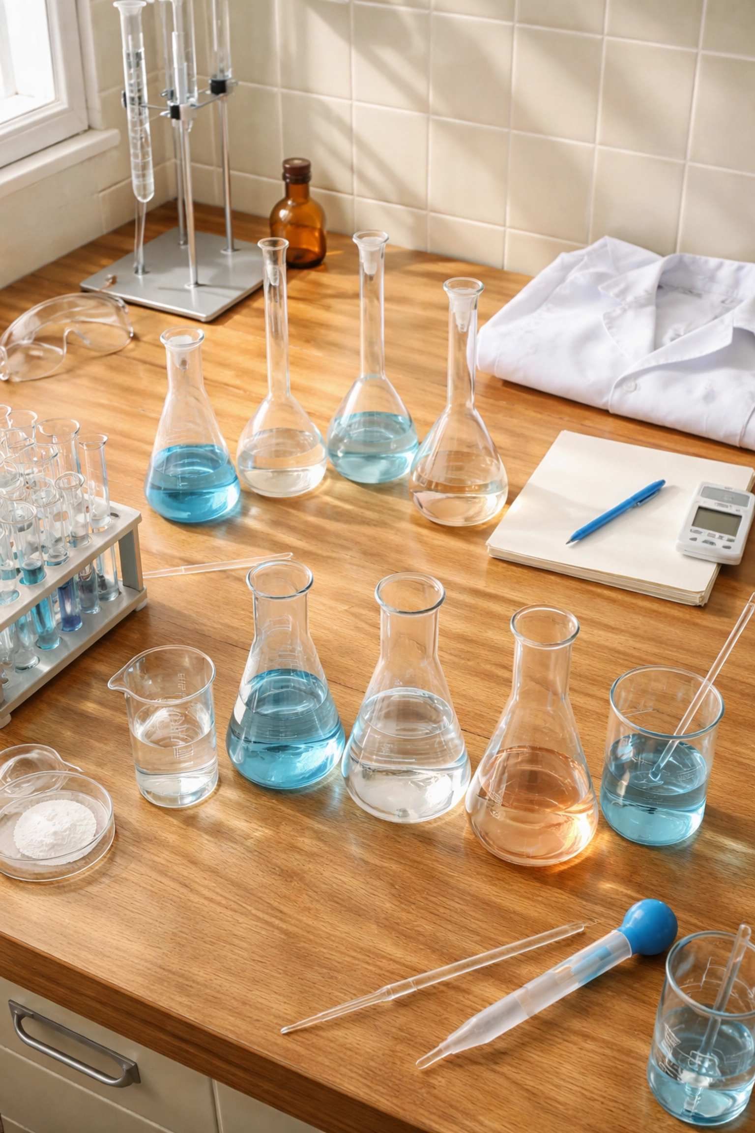 Chemistry laboratory bench with glassware and equipment for A Level practical endorsement sessions