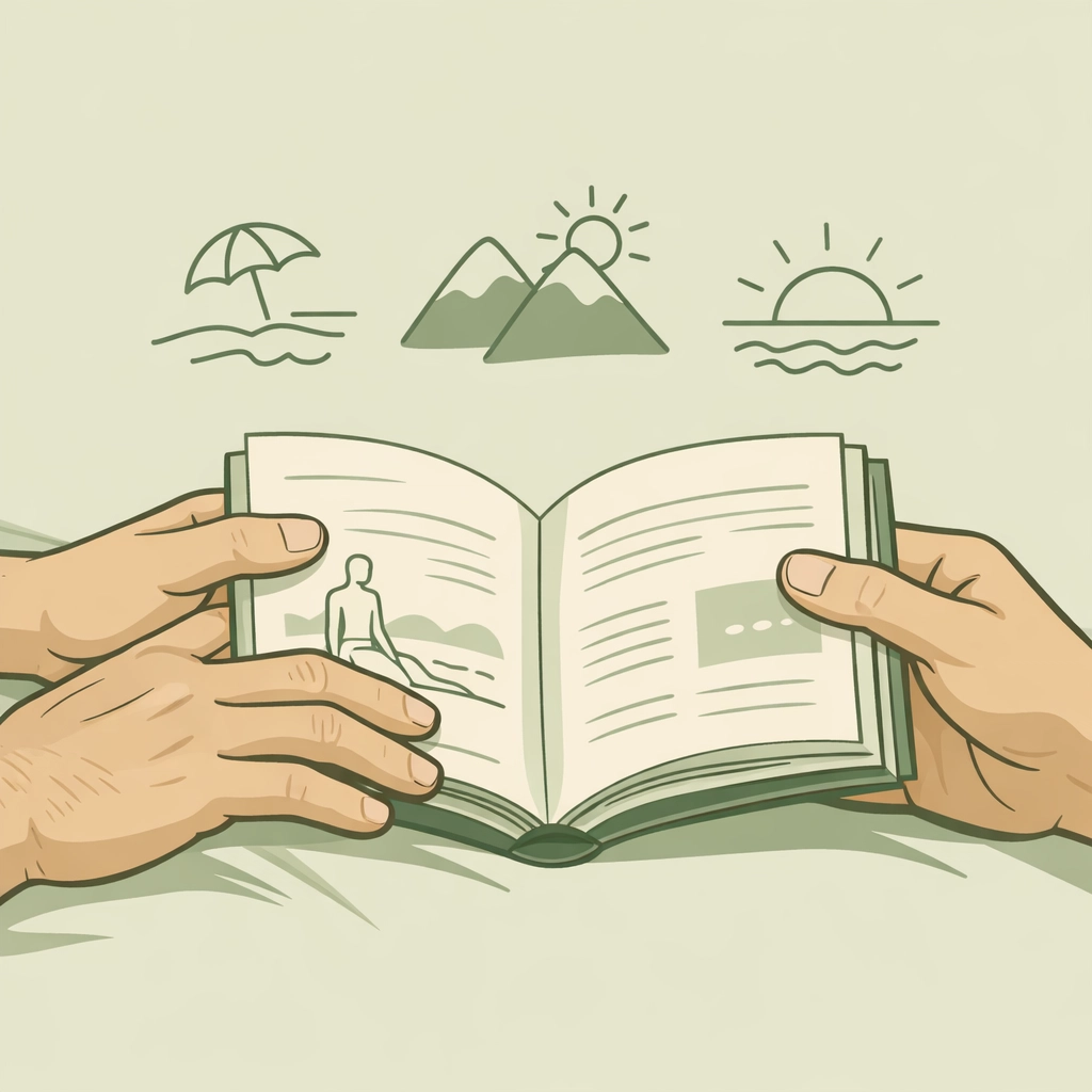 Gay couple exploring European naturist travel guide with body positivity themes