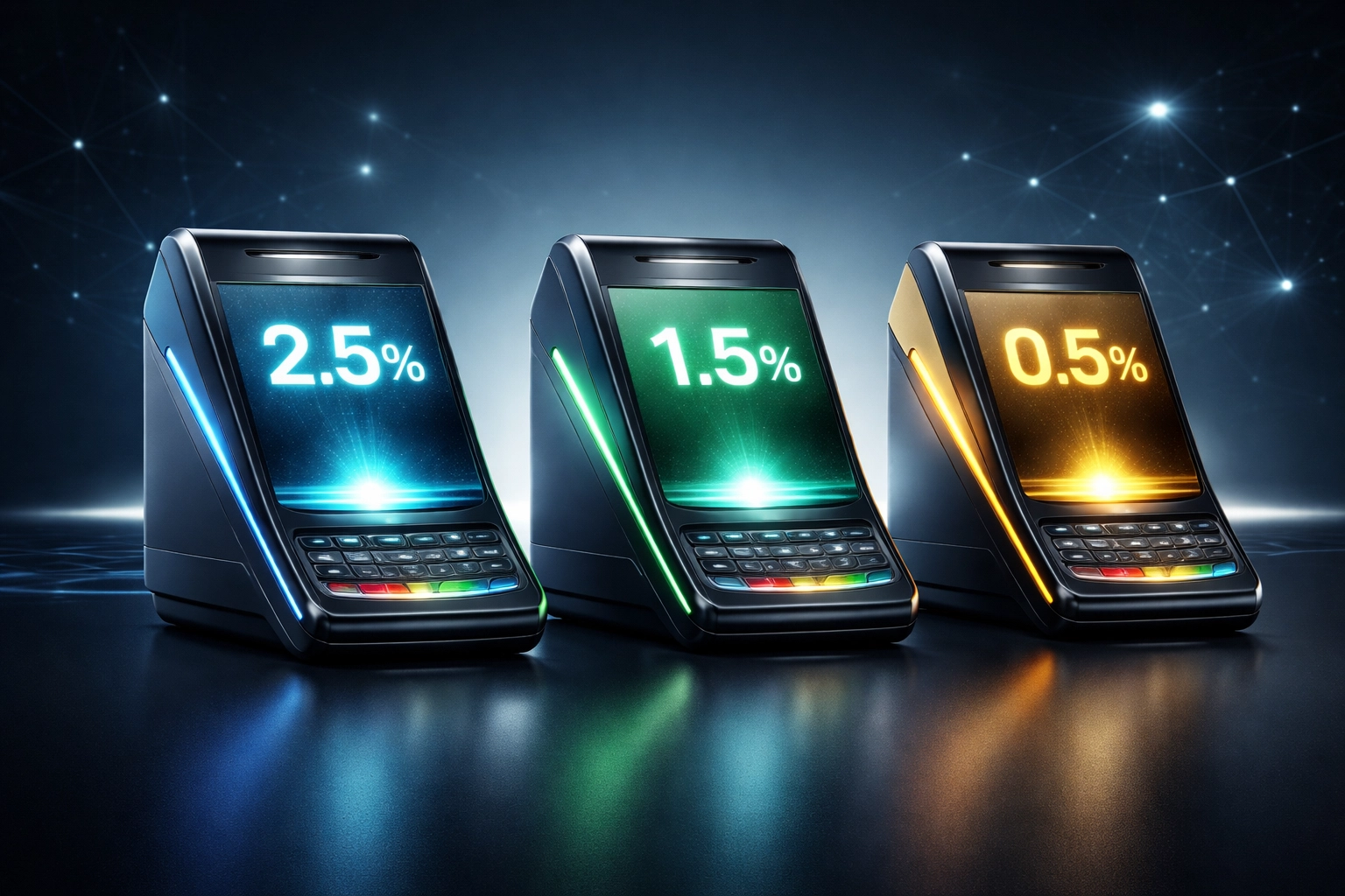 Three modern crypto payment terminals comparing transaction fees for Web3 processors NOWPayments, CoinPayments, and Larecoin.