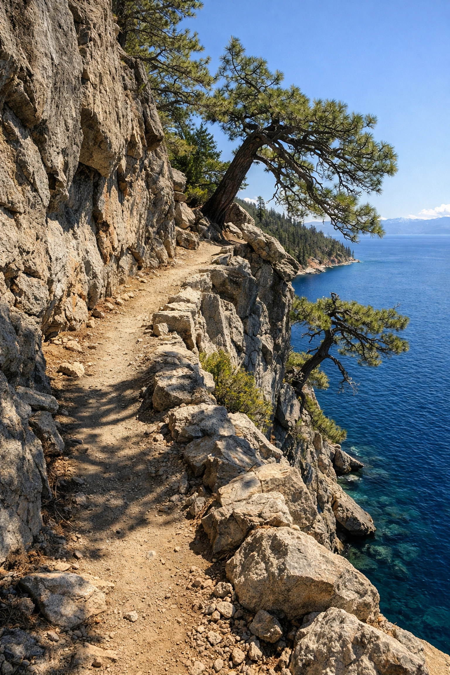 Rugged granite cliffs along Rubicon Trail for high-quality landscape photography in Lake Tahoe.