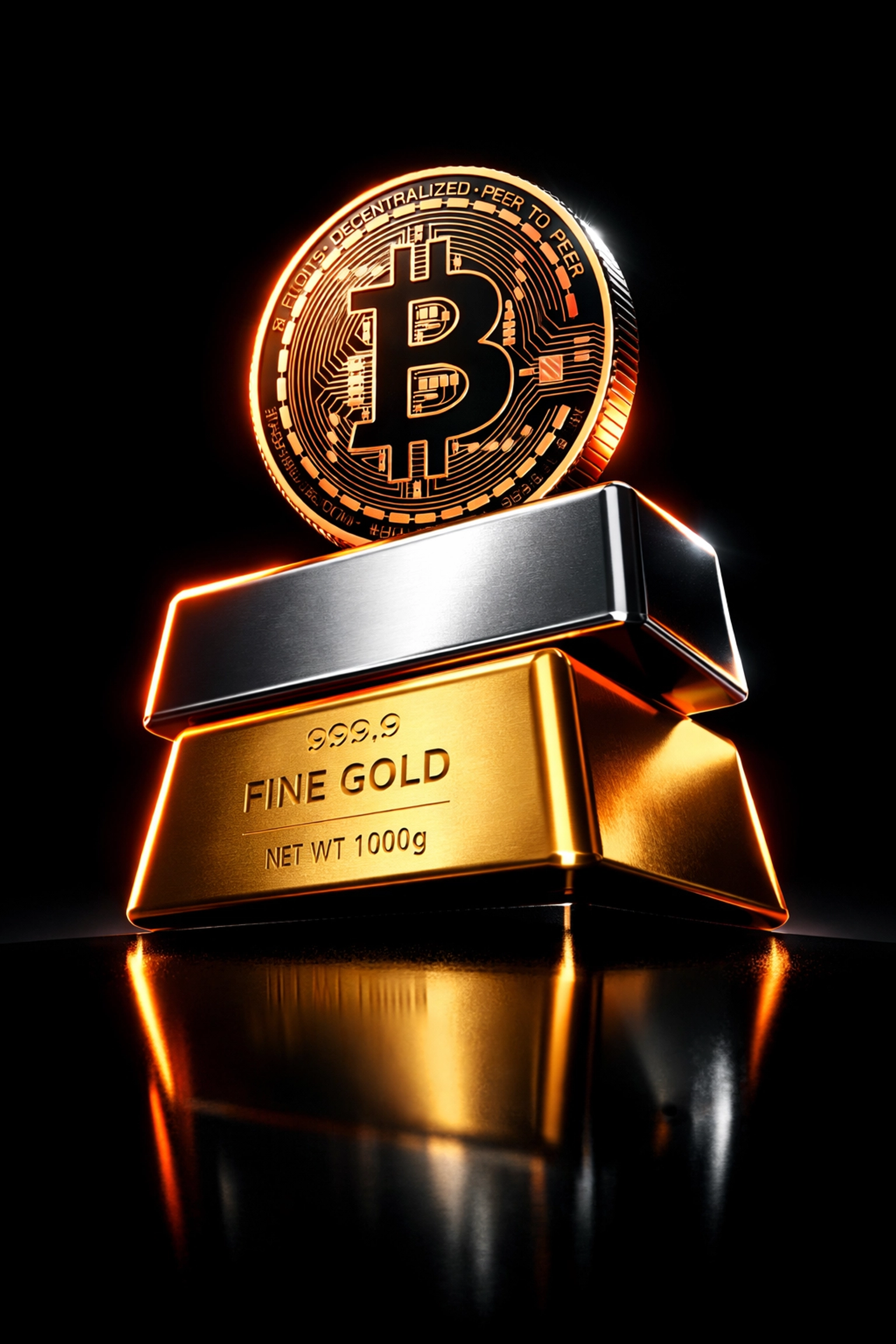 A physical Bitcoin coin stacked with silver and gold bars representing hard asset investment.