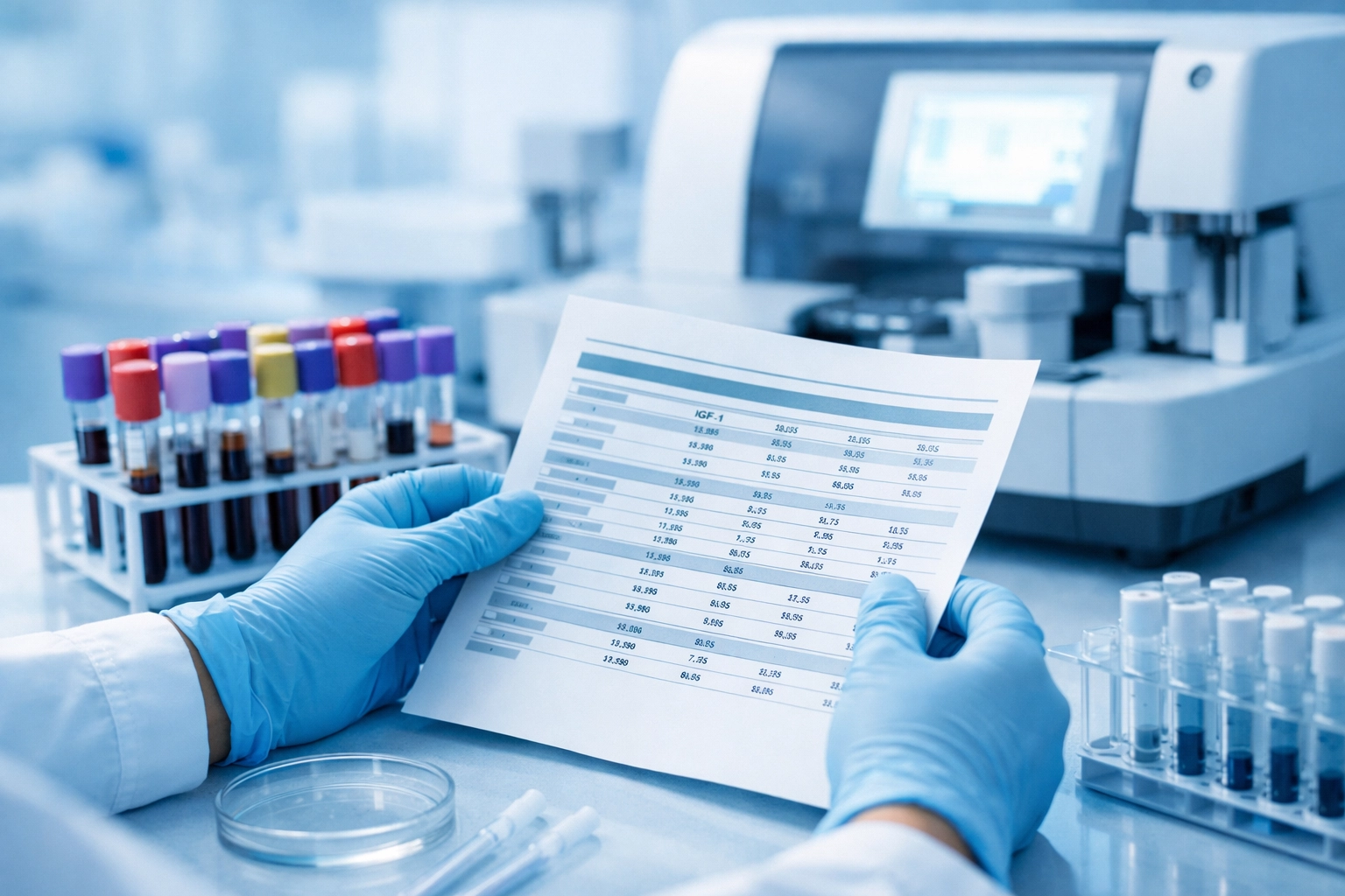 Medical laboratory workstation with hormone-related lab results and modern analyzer equipment in a bright, clean setting with cool blue overlay.