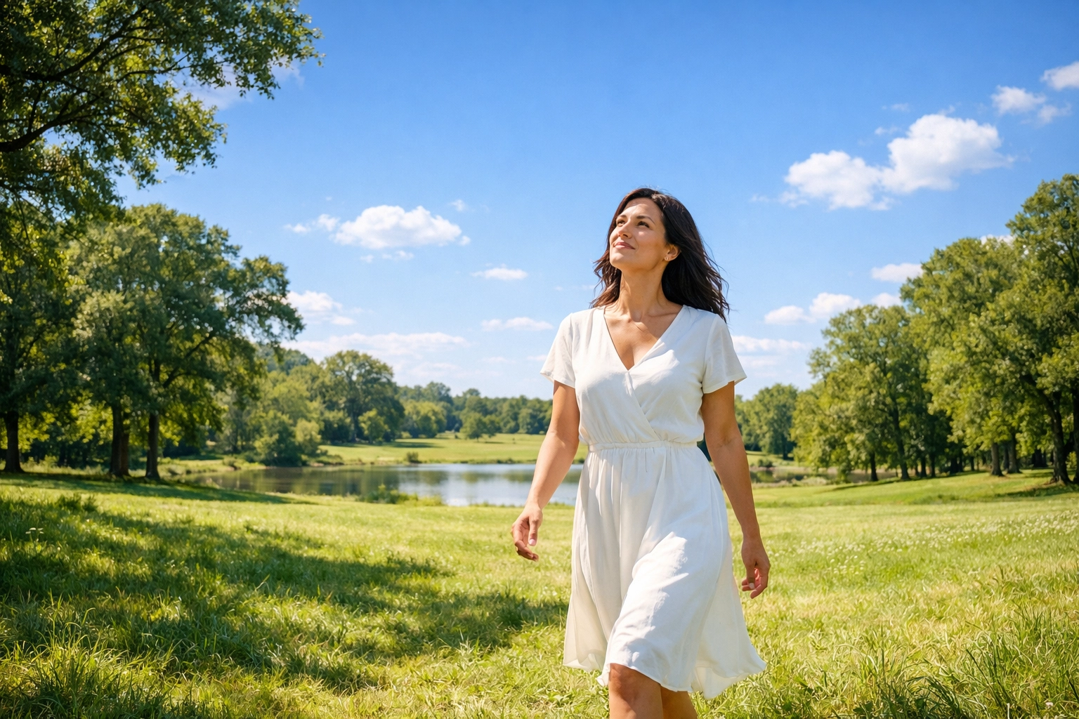 A woman walking in a bright park, representing her identity in Christ over her career hustle.