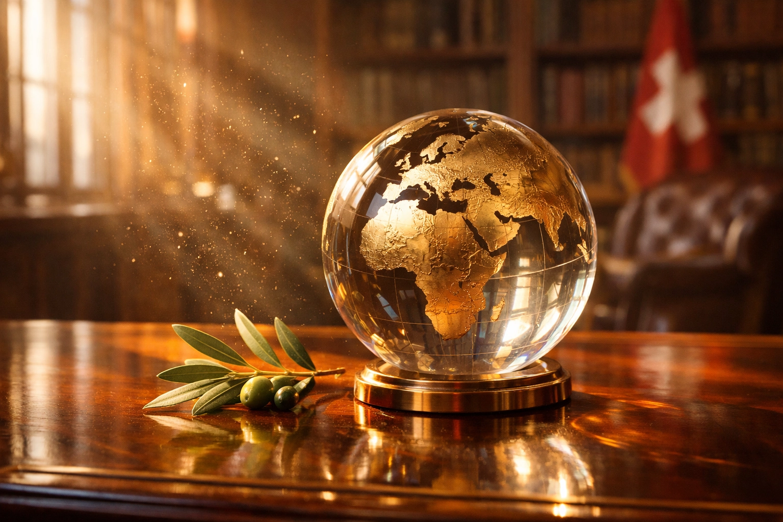 Glass globe and olive branch in a sunlit library, representing the search for global stability through negotiation.