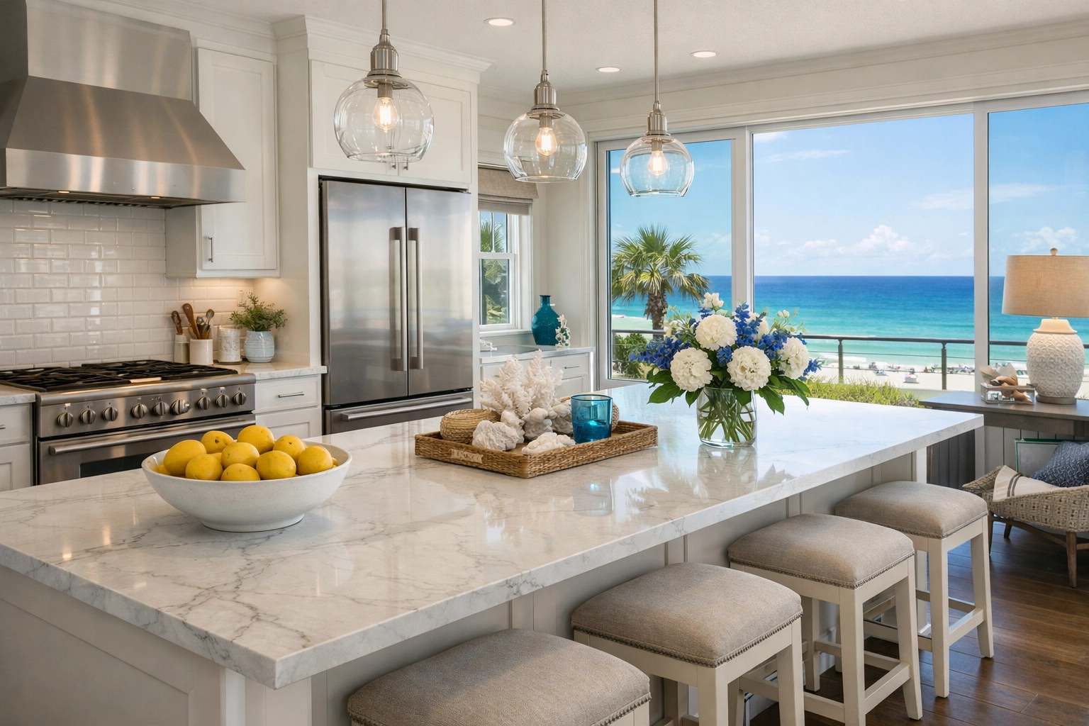 Modern gourmet kitchen in Bolivar Peninsula luxury vacation rental with Gulf views