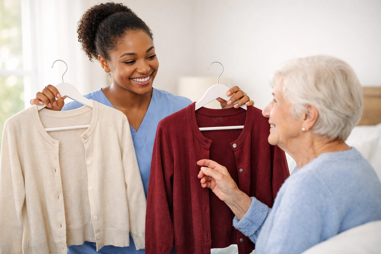 A caregiver offering a senior woman clothing choices to promote dignity and independence in her daily routine.