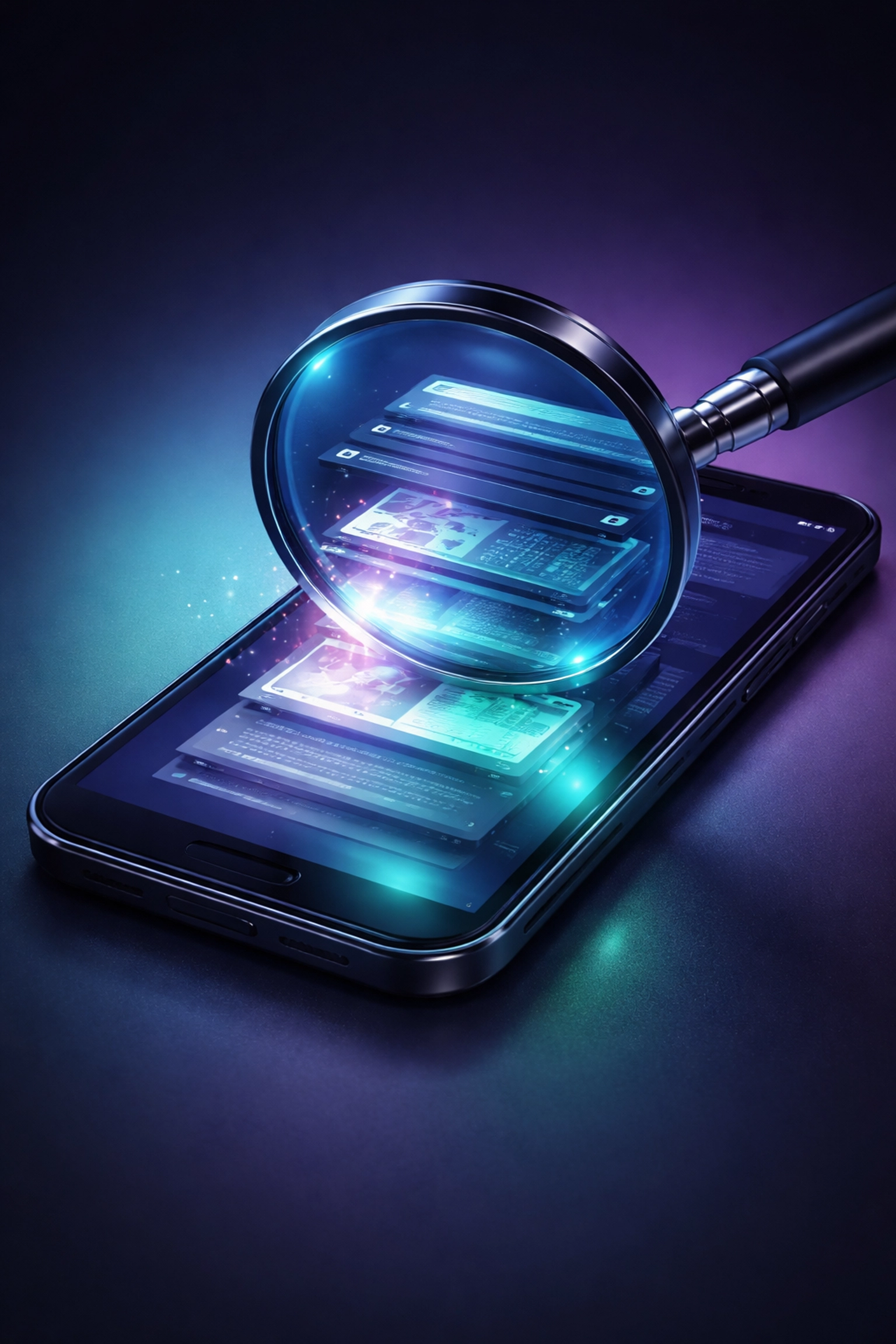 Magnifying glass revealing hidden smartphone content to emphasise indexable, visible mobile content for Google rankings