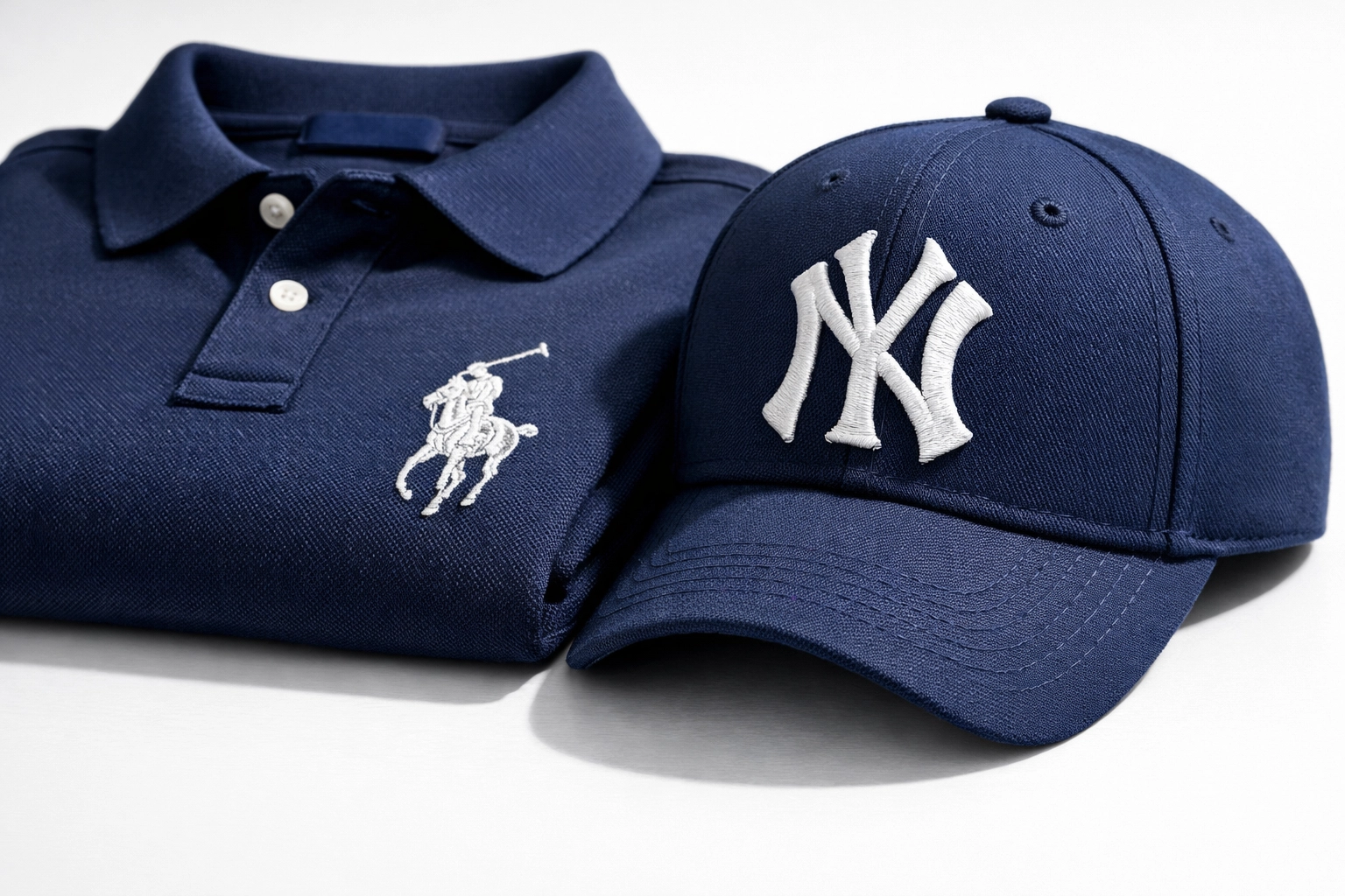 Professional navy blue embroidered polo shirt and matching branded hat for small business uniforms.