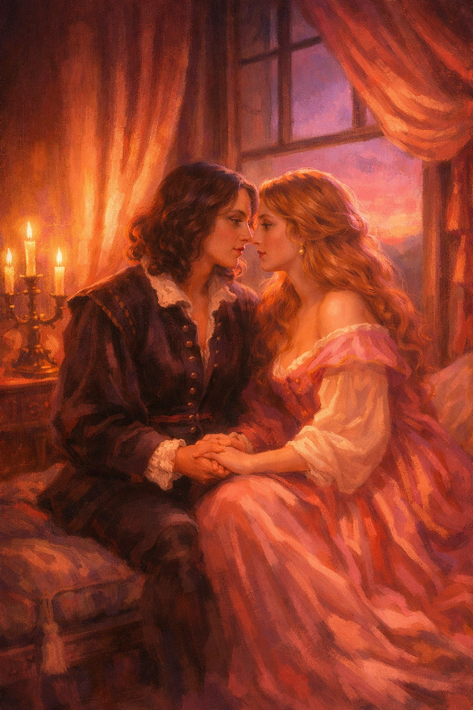 An intimate moment between Queen Christina and Ebba Sparre, showing their queer love story.