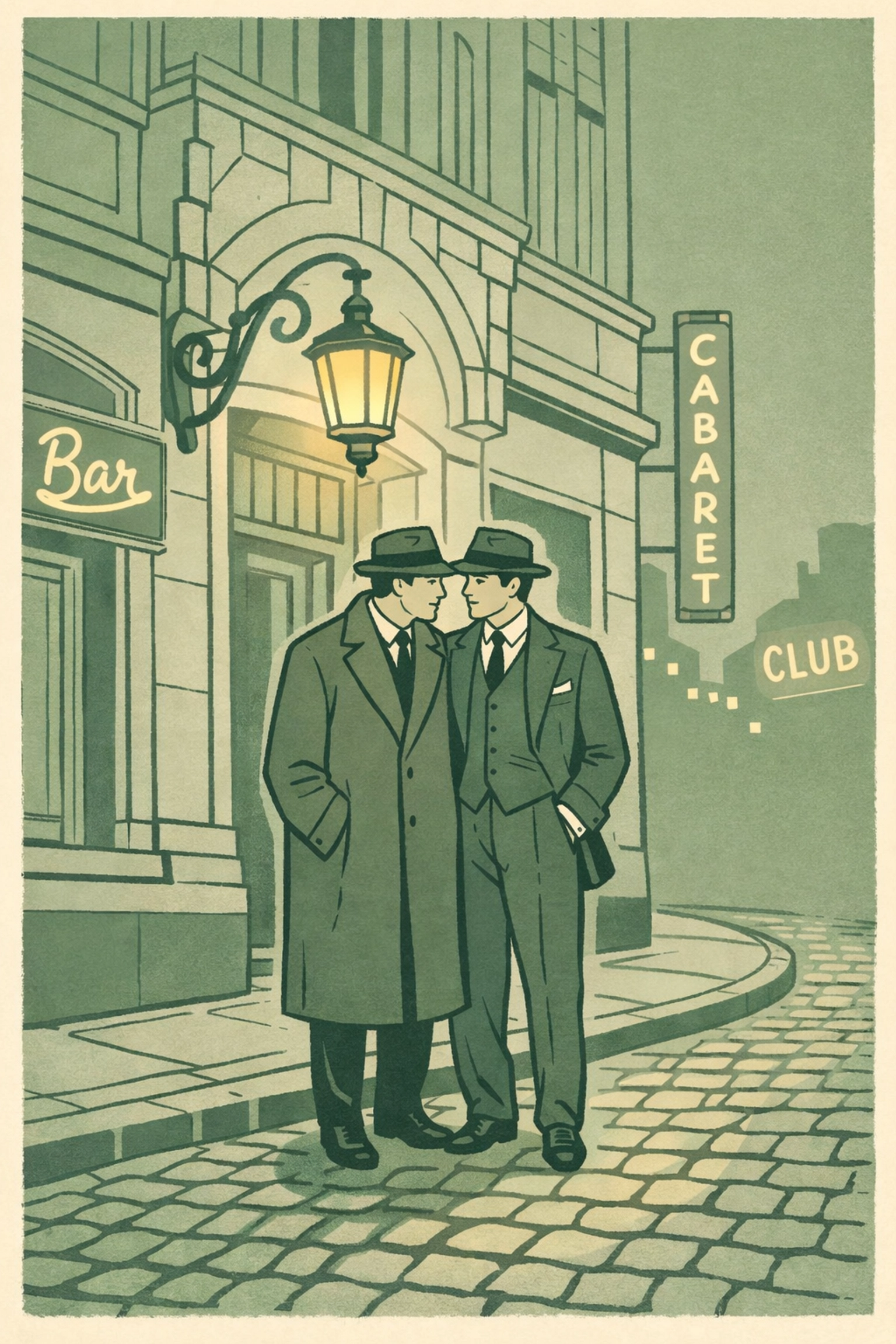 Gay couple outside 1920s Berlin nightclub during Weimar Republic golden age