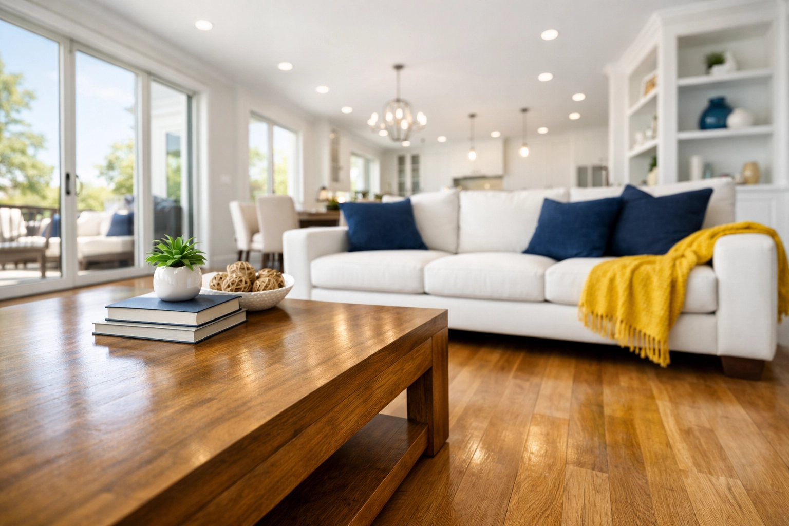 A clean, modern Leominster living room with spotless hardwood floors and dust-free surfaces.