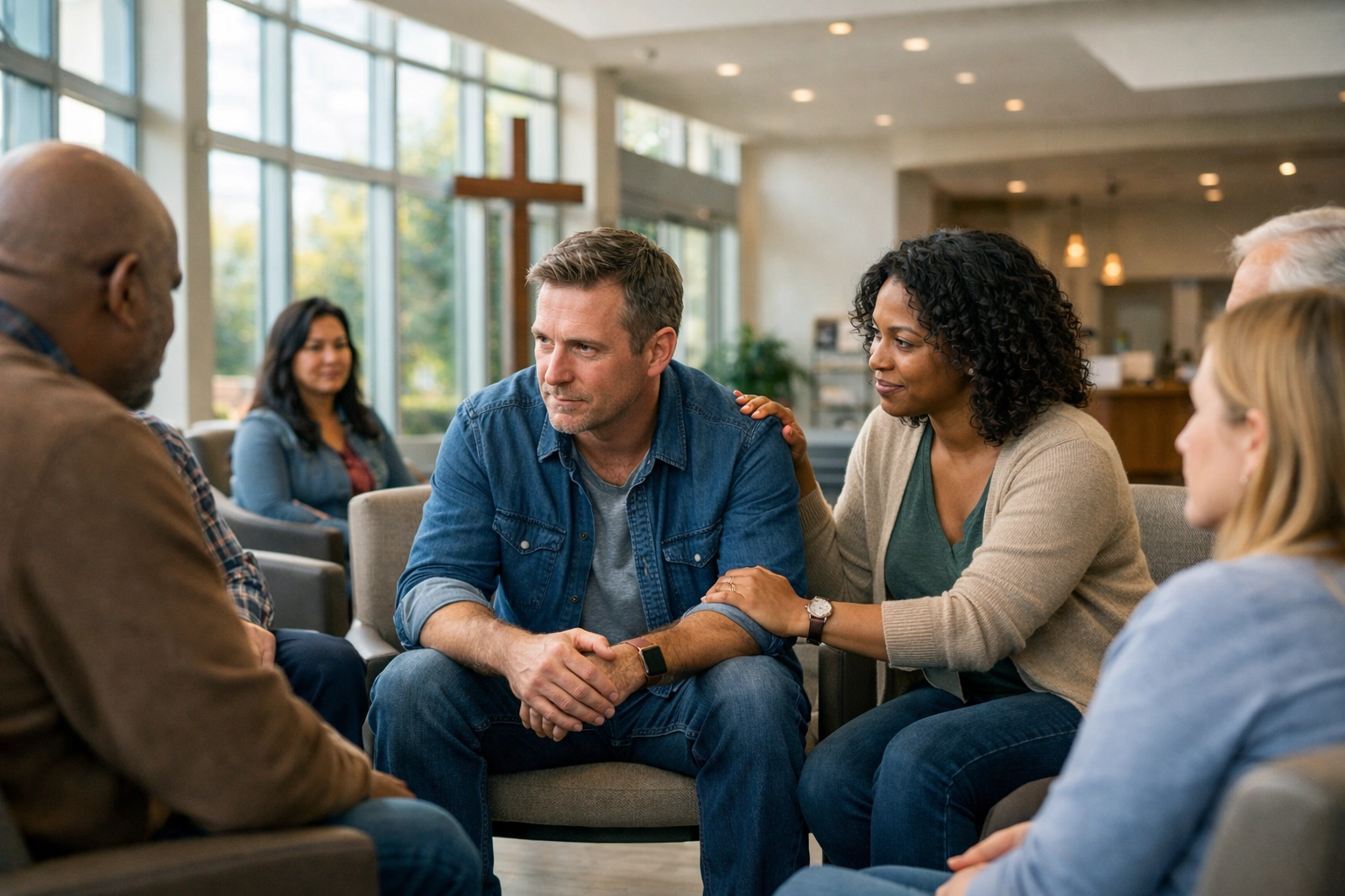 A supportive church community gathers in a bright atrium to offer fellowship and care to one another.