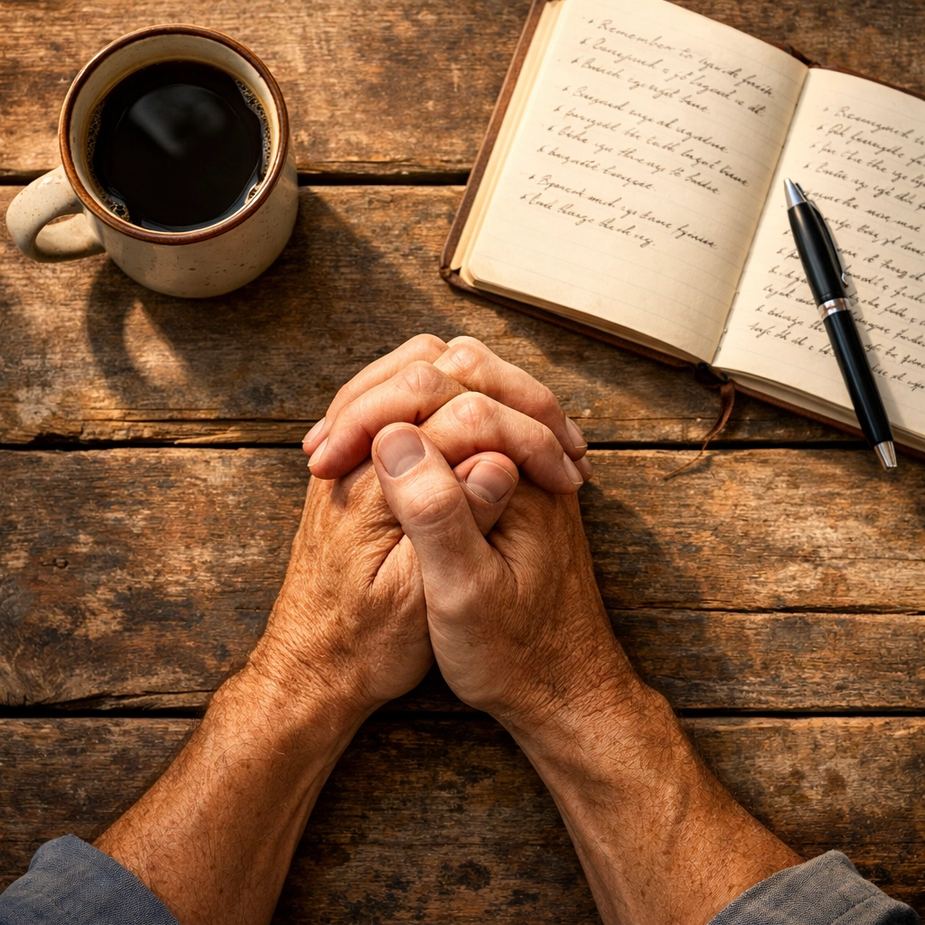 Hands in prayer over journal and coffee showing daily Christian prayer practice