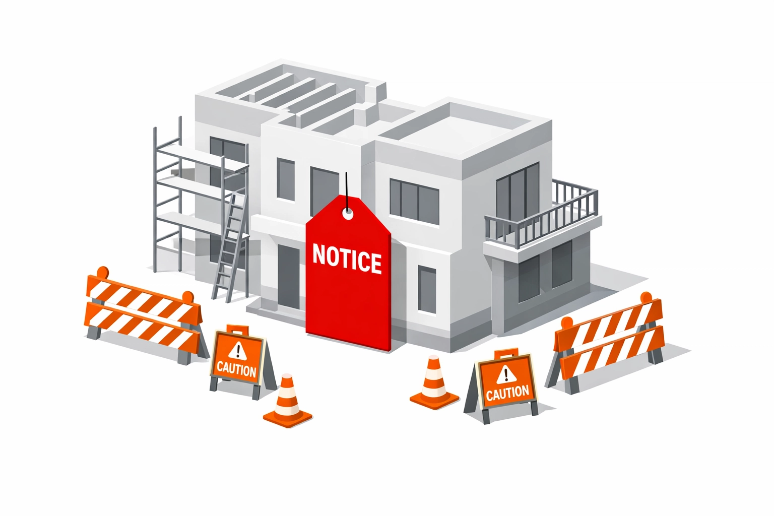 Illustration of a red tagged building in Florida with an unsafe structure notice and safety barriers.