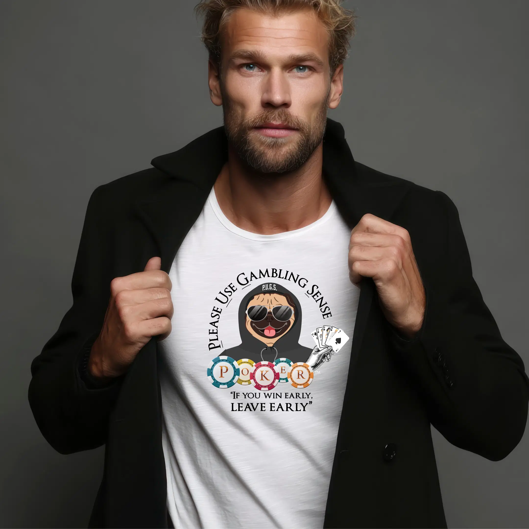 Man wearing a white PUGS poker shirt