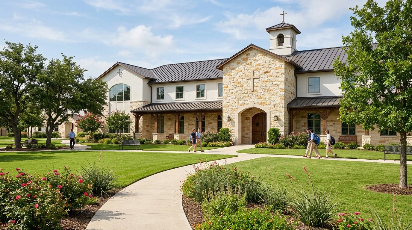 The elegant campus of Santa Cruz Catholic School in Buda, Texas, a symbol of community and education.