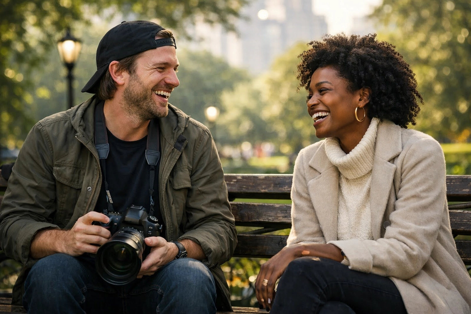 A photographer and subject laughing in Central Park, showing a genuine connection for an unposed portrait.