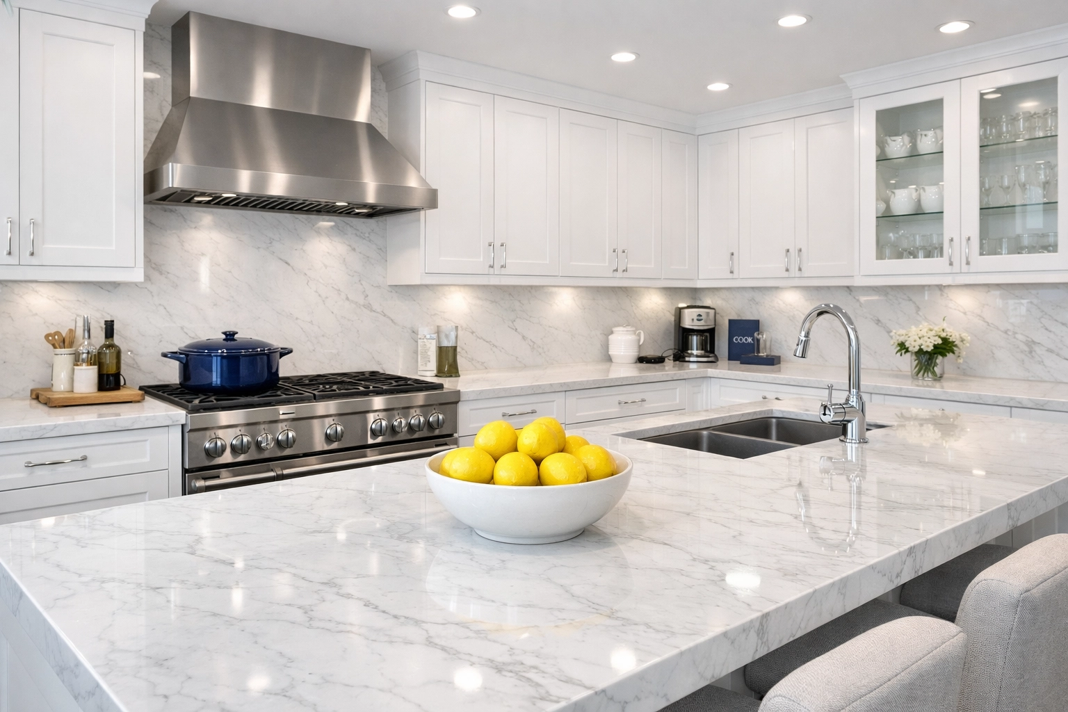 Sparking clean luxury kitchen with sanitized marble countertops after a professional move-in deep clean.