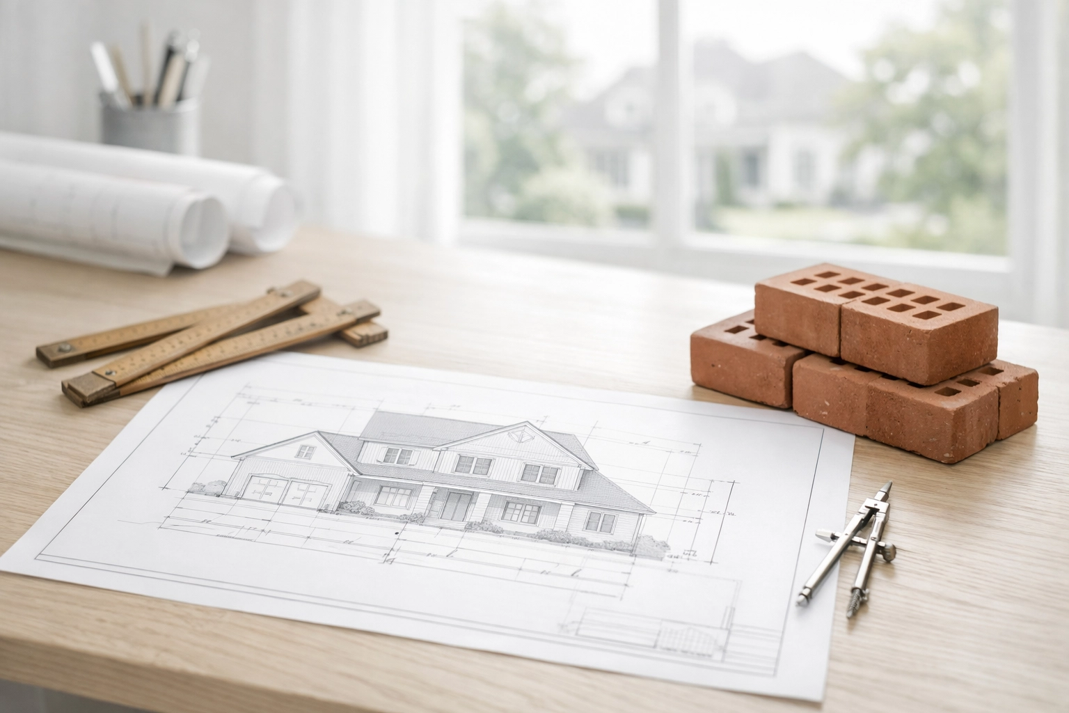 Blueprints and construction materials on an architect's desk representing home replacement cost.