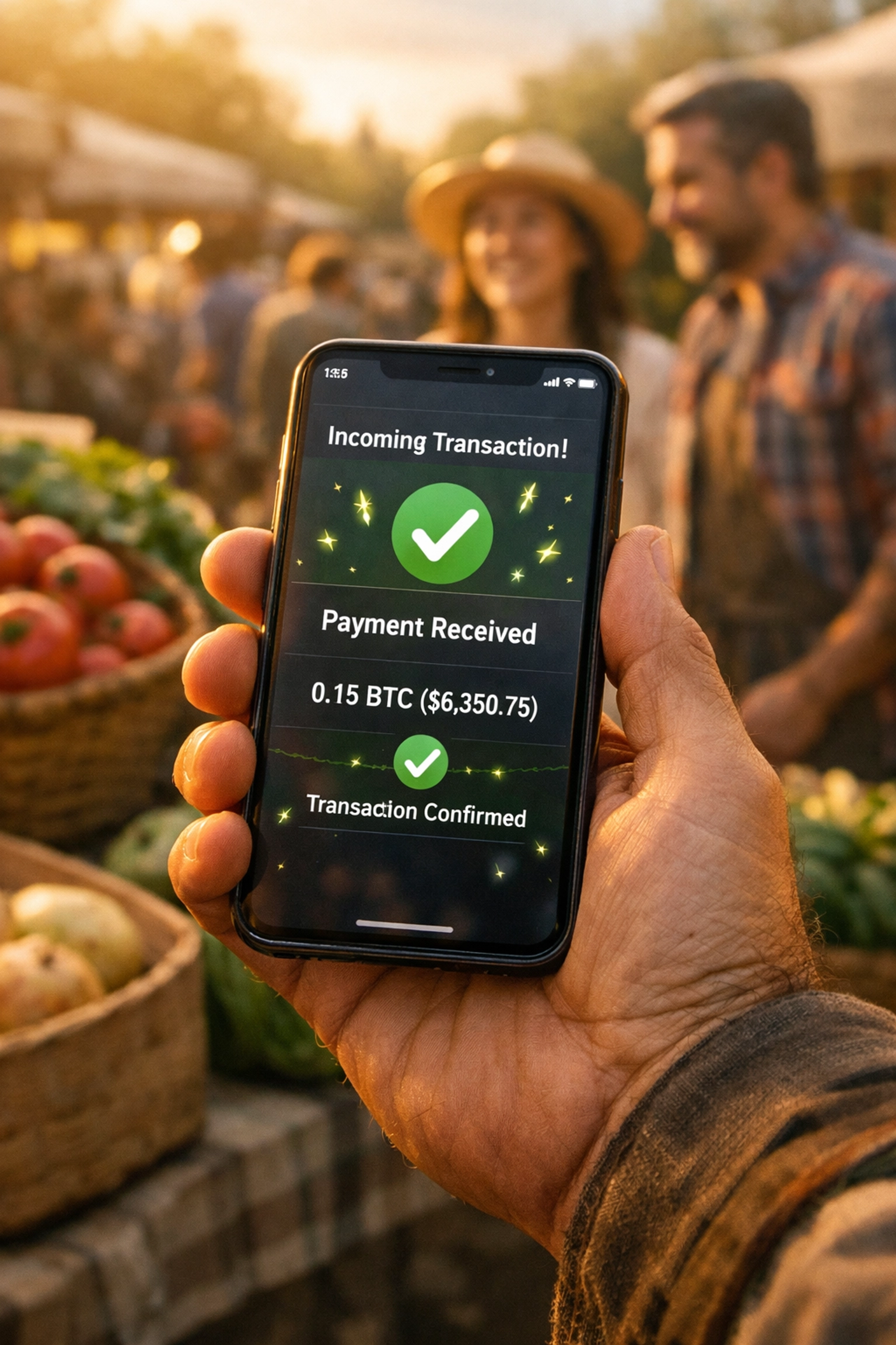 Merchant receiving direct crypto payment through self-custody wallet at farmer's market stall