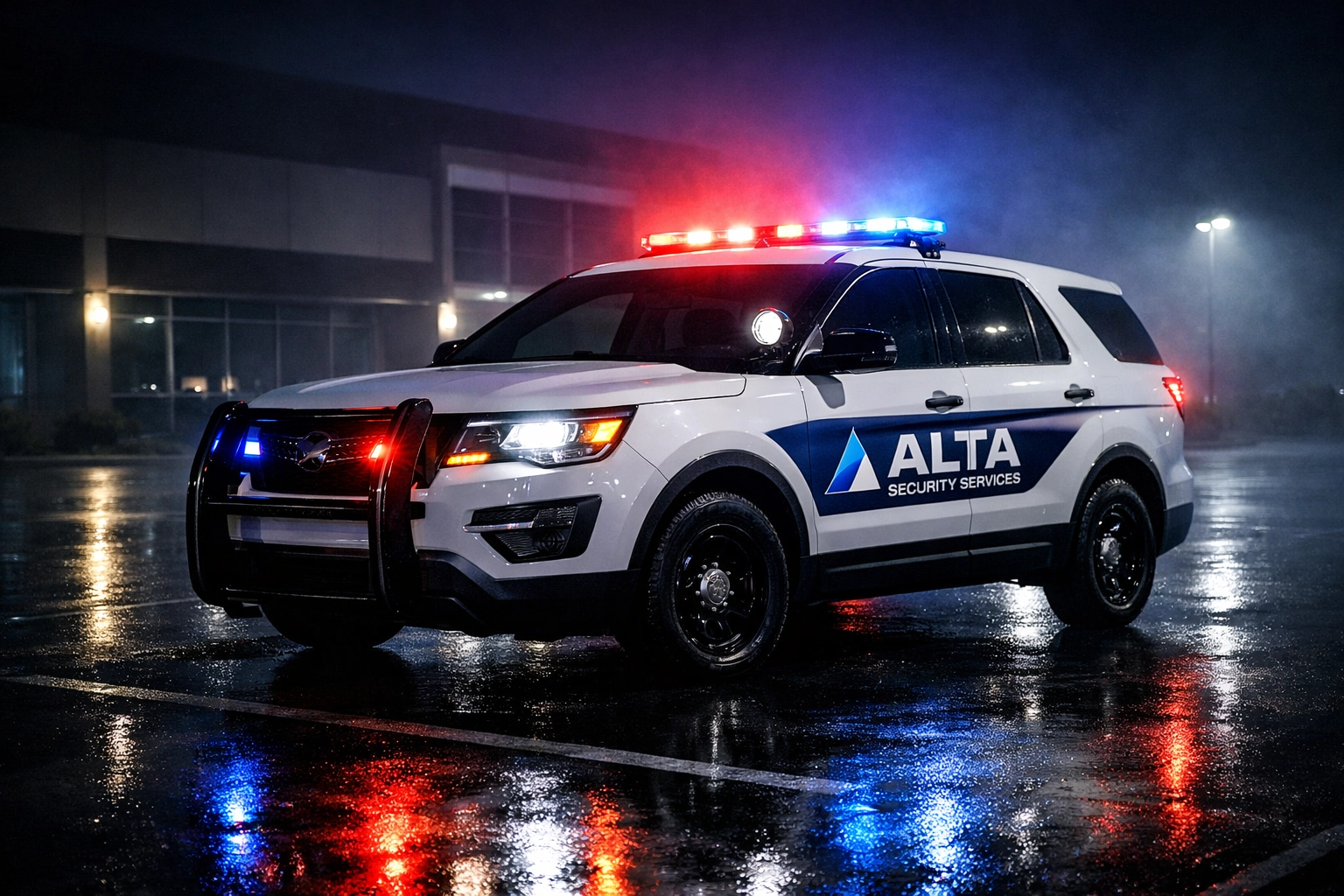 24/7 security patrol vehicle monitoring empty business parking lot at night in Richmond