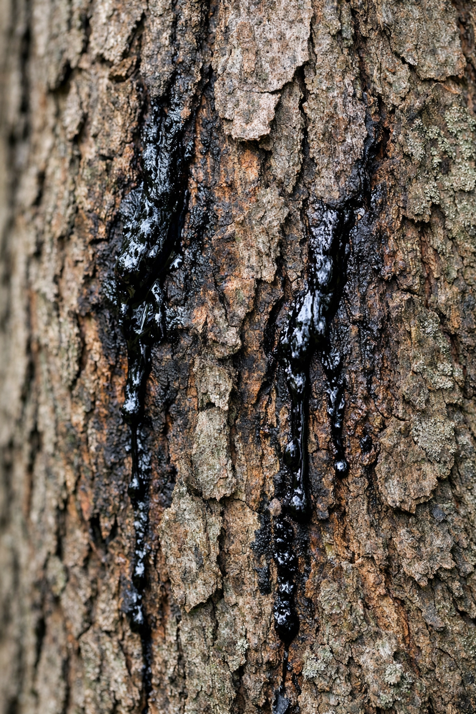 Oak tree bark showing Acute Oak Decline symptoms with dark weeping patches