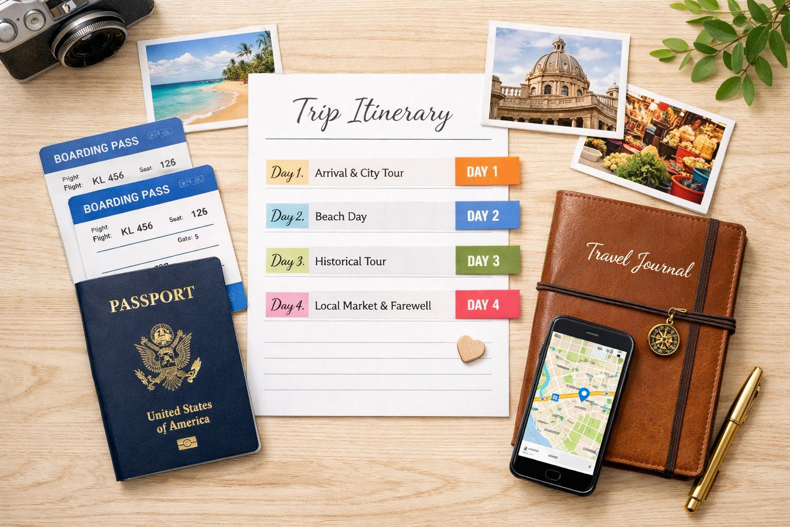 Organized custom travel itinerary with boarding passes, passport, and day-by-day schedule