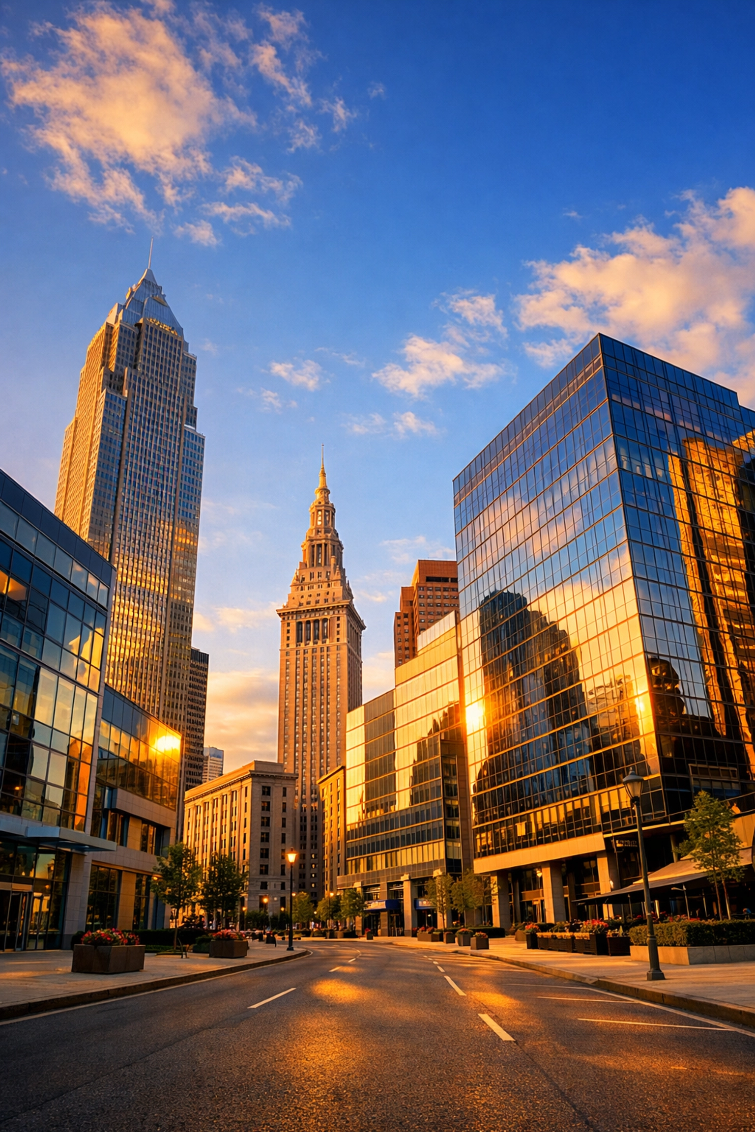 Cleveland downtown skyline with commercial office buildings and properties