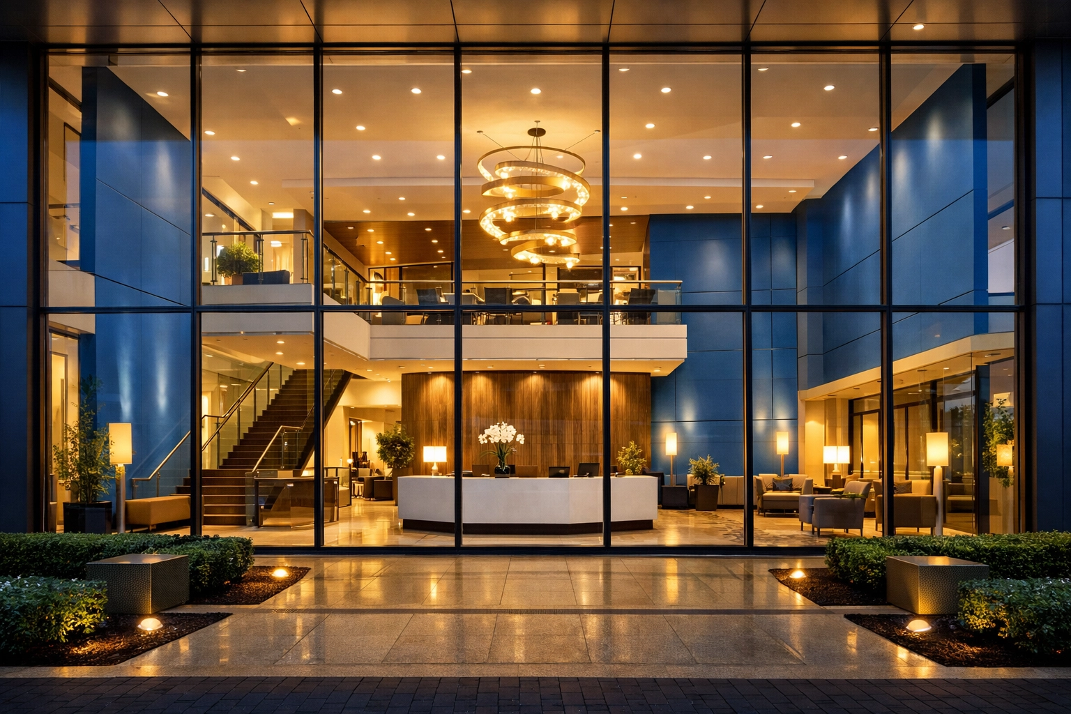 Professionally cleaned commercial building lobby in Braintree with spotless glass windows.