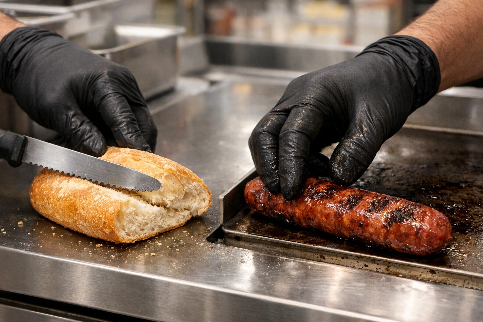 Close-up of a Choripues worker skillfully preparing a traditional chorizo sandwich in a clean kitchen.