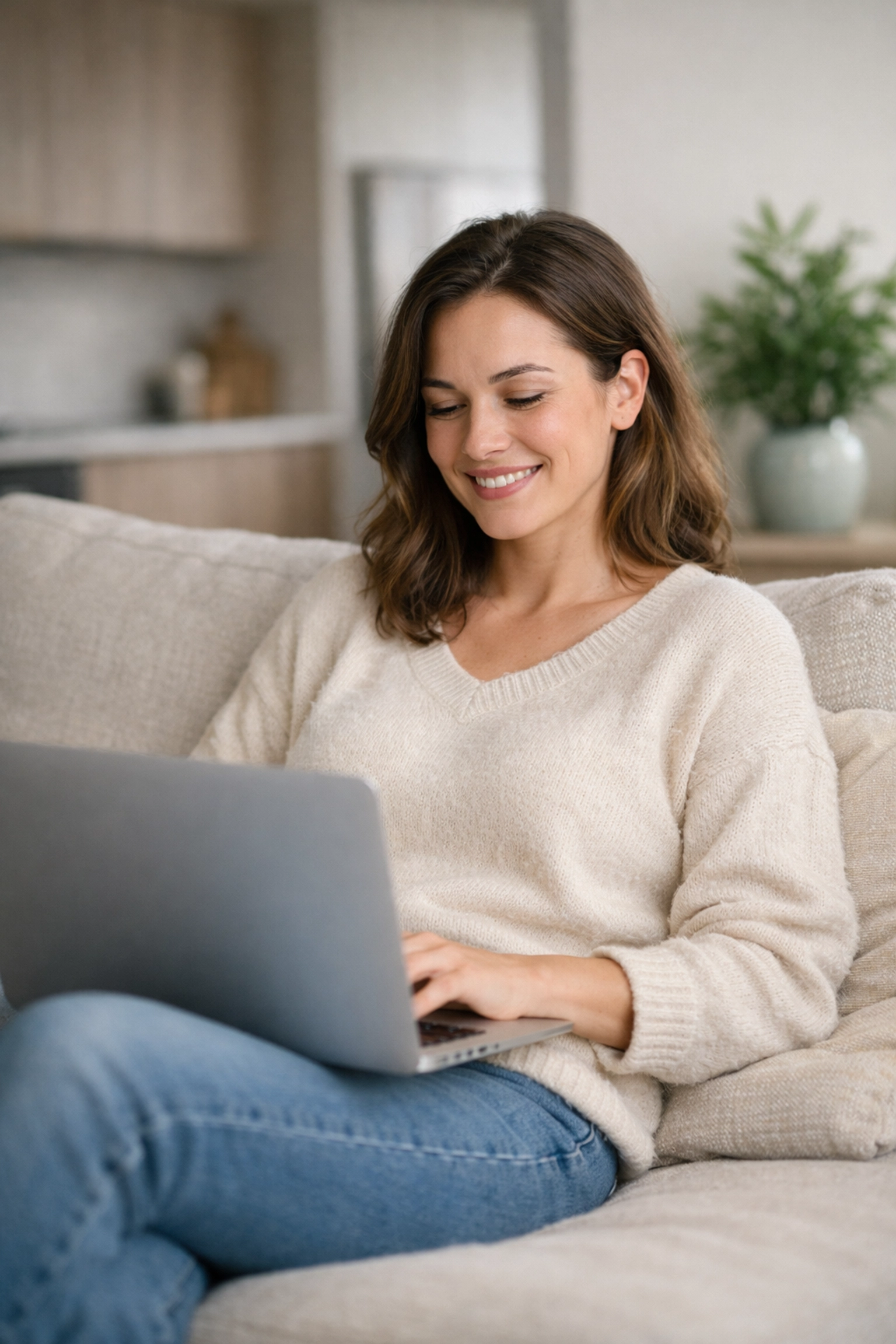 Relieved woman using a laptop to apply for a bad credit loan.