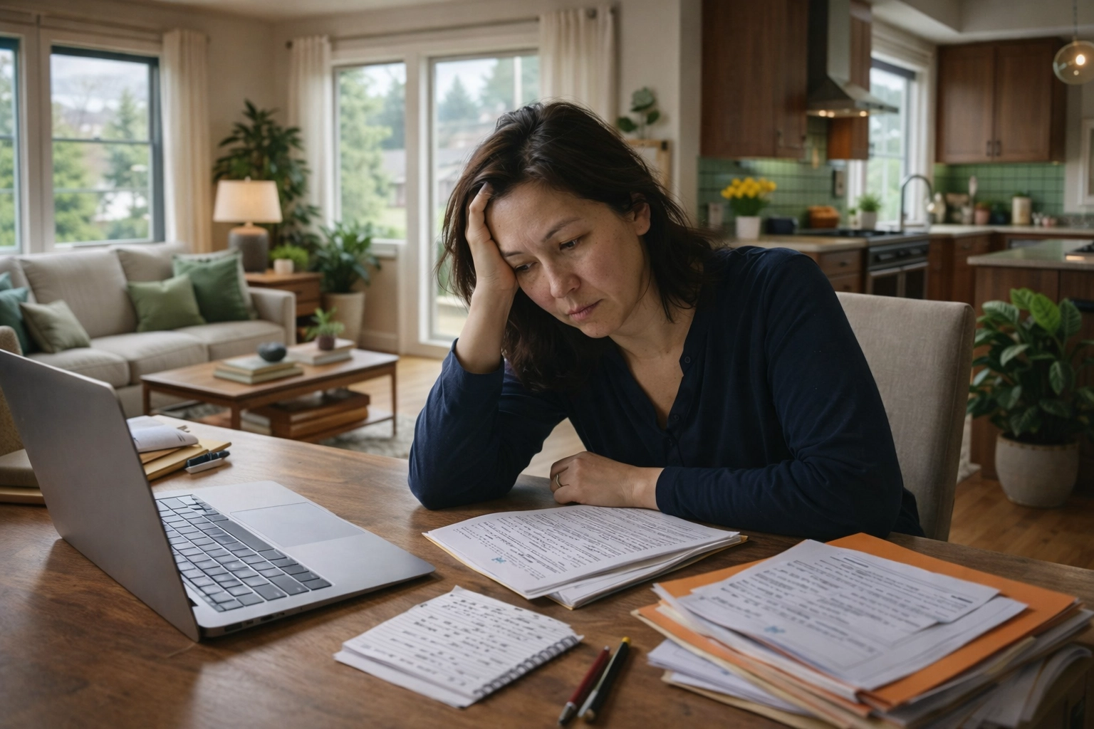 An overwhelmed parent at home juggling tasks and feeling mentally overloaded—an everyday executive dysfunction experience.