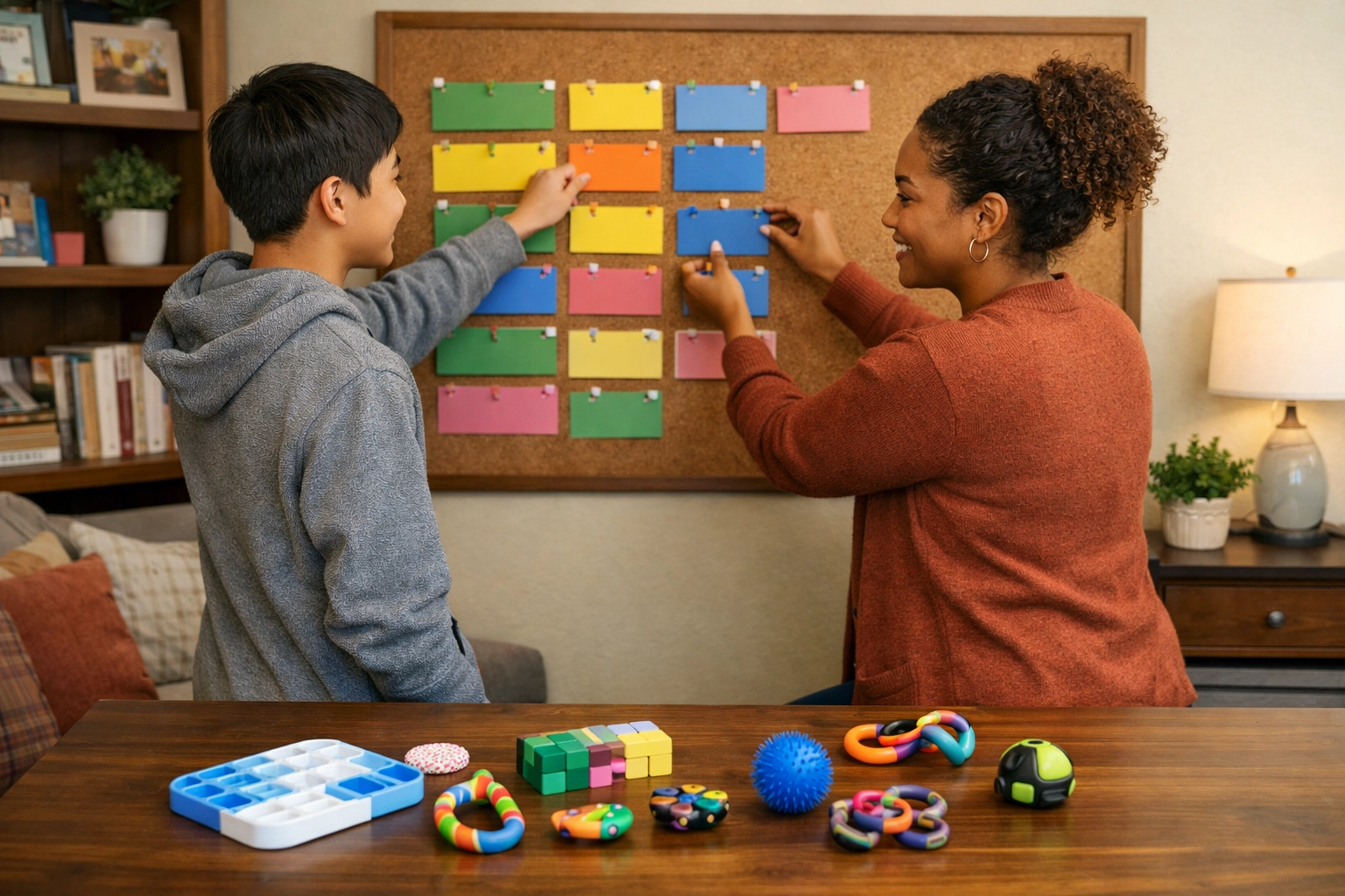 A coach and teen building a color-coded visual schedule together, showing compassionate executive function support within autism coaching.