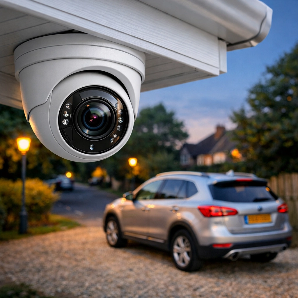 Integrated IP security camera providing 24/7 monitoring for a Bournemouth residential driveway.