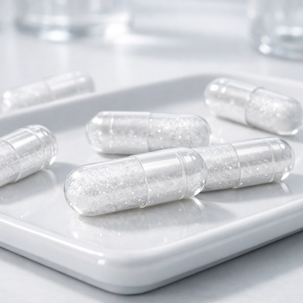 Detailed view of Mens Test Boost capsules in a clean, clinical setting.