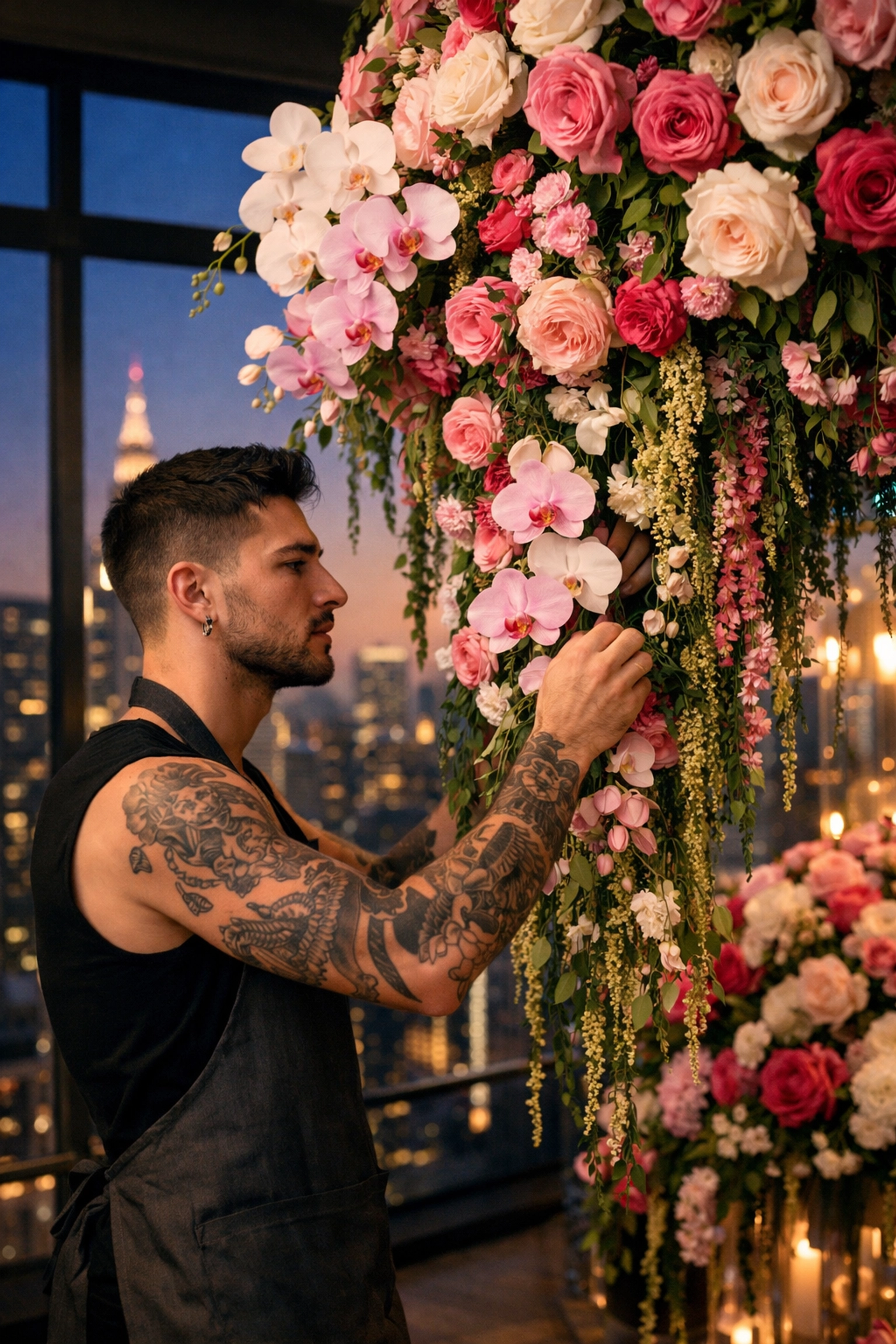 Modern gay florist creating luxury floral installation in upscale penthouse setting
