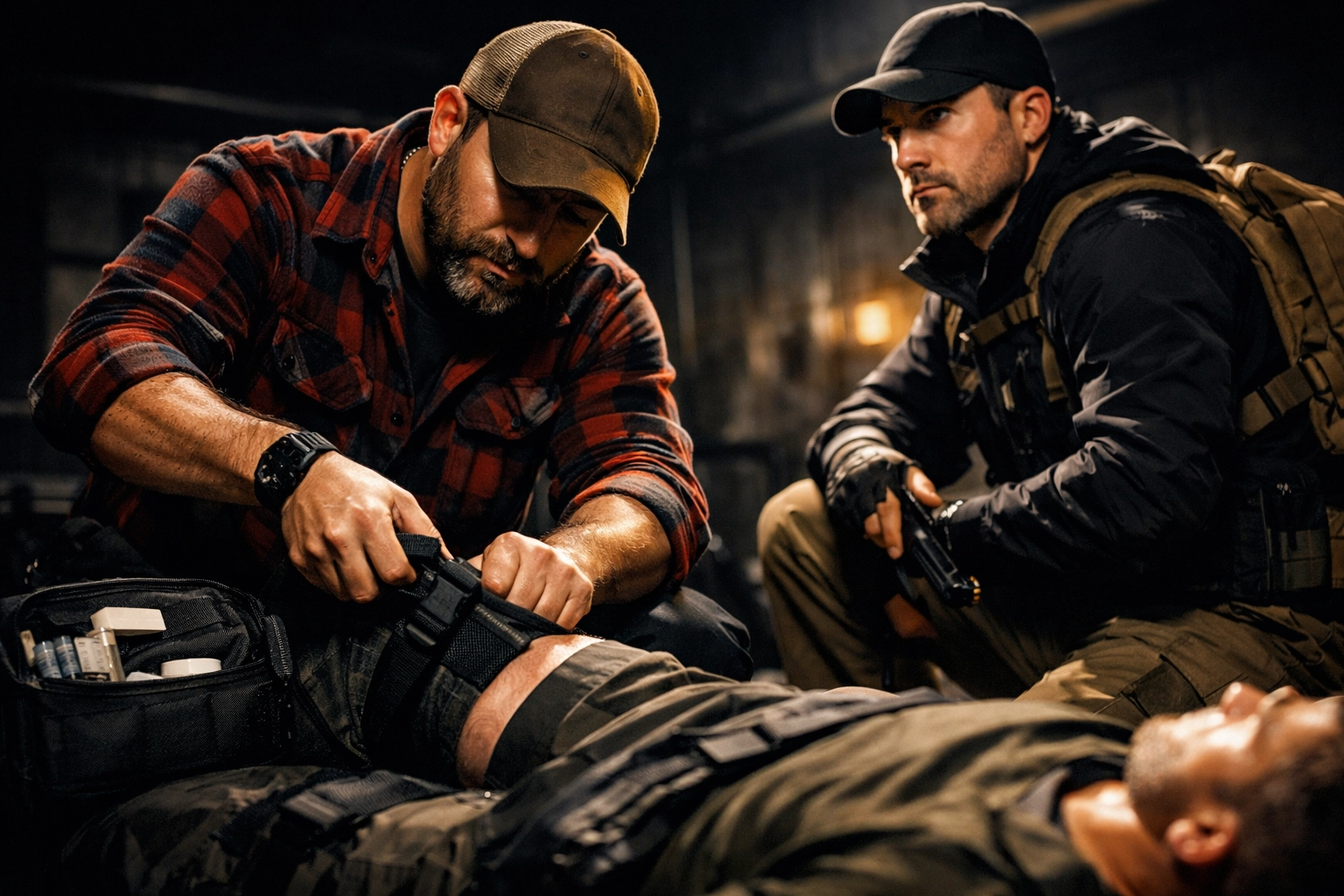 Civilians performing tactical first aid and tourniquet application during a C\&G Solutions training drill.