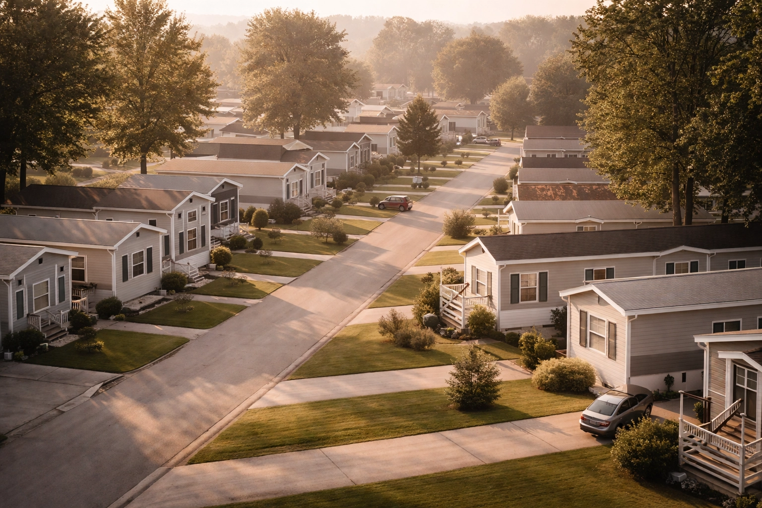 Aerial view of a well-maintained manufactured home community with tree-lined streets and manicured lawns
